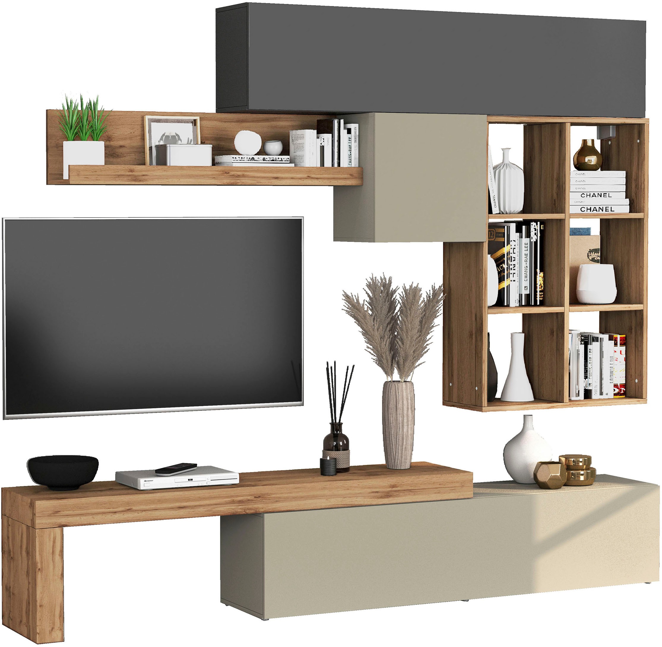 INOSIGN Wohnwand »Chronos Wohnwand, Medienwand, 5-er set«, (Set, 5 St.), ca. 270 cm mit Hängeschränke, Würfel, Regal, Lowboard, Made in Italy