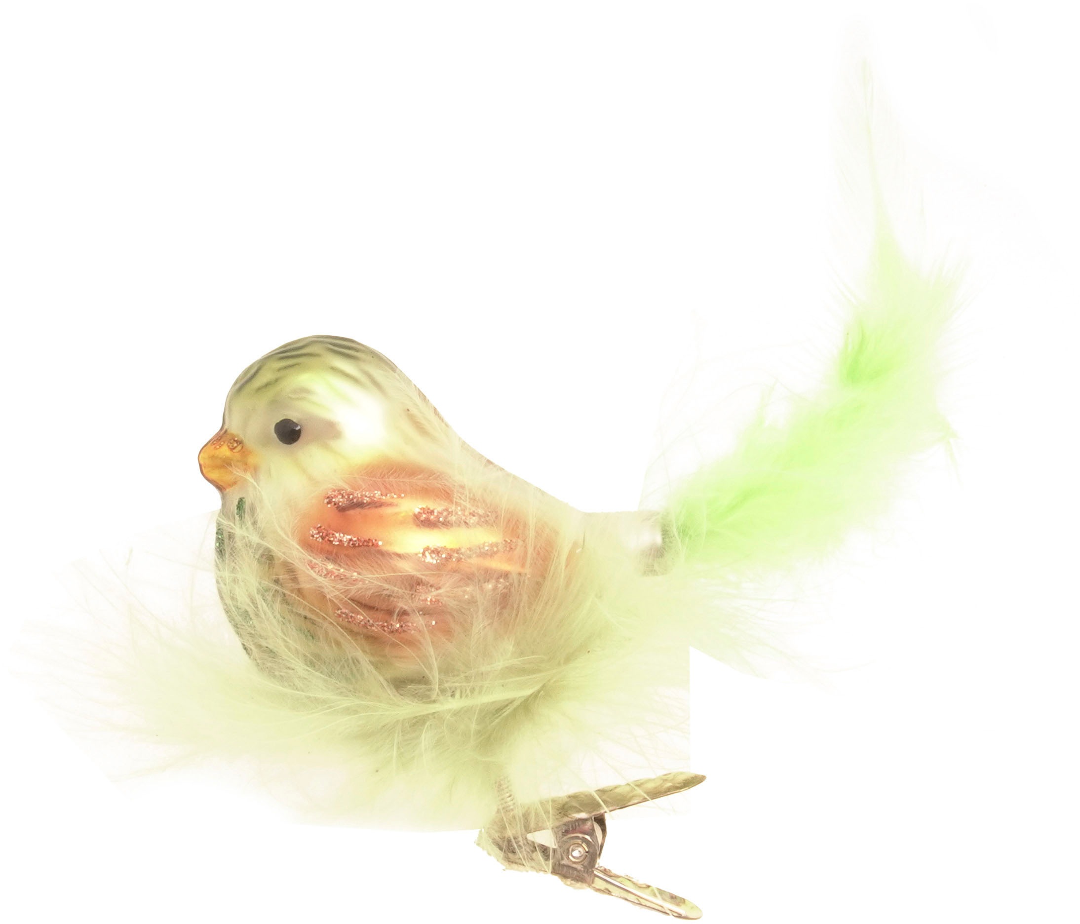 Weihnachtsbaumklammer "Vogel mit Federnest", B:9cm H:7cm T:14cm, grün, KREBS GLAS LAUSCHA, Weihnachtsbaumschmuck, Weihnachtsbaumklammern, Glas,