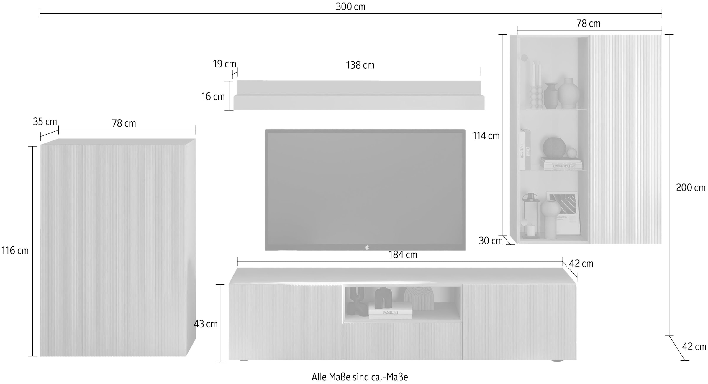 INOSIGN Wohnwand »Rio, 4tlg. Breite 300 cm, modernes, elegantes Wohnzimmer-Set«, (4 St.), (Lowboard, Highboard, Hängevitrine, Wandboard), Front geriffelt