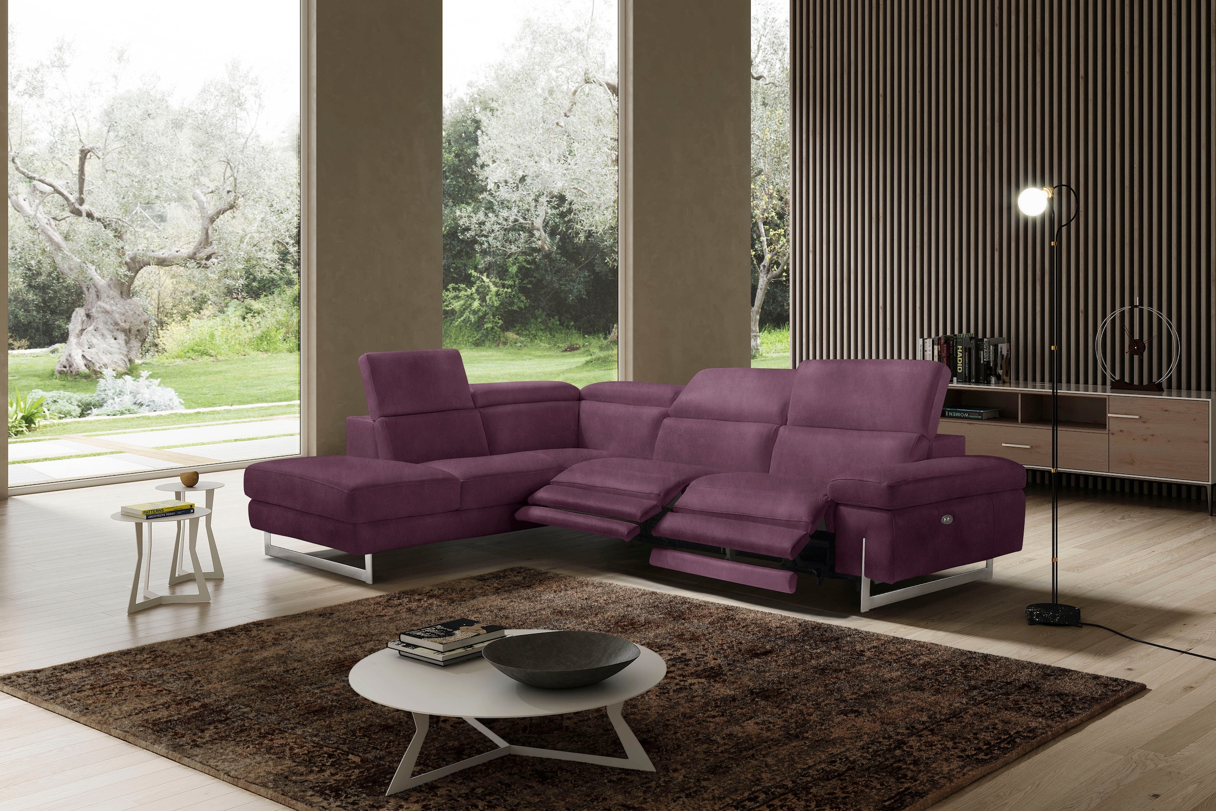 Egoitaliano Ecksofa »Candice, elegant, edel und bequem, erstklassiger Sitzkomfort, L-Form«, inkl. 2 elektrischer Relaxfunktionen, Bedienung über Taste an Armlehne