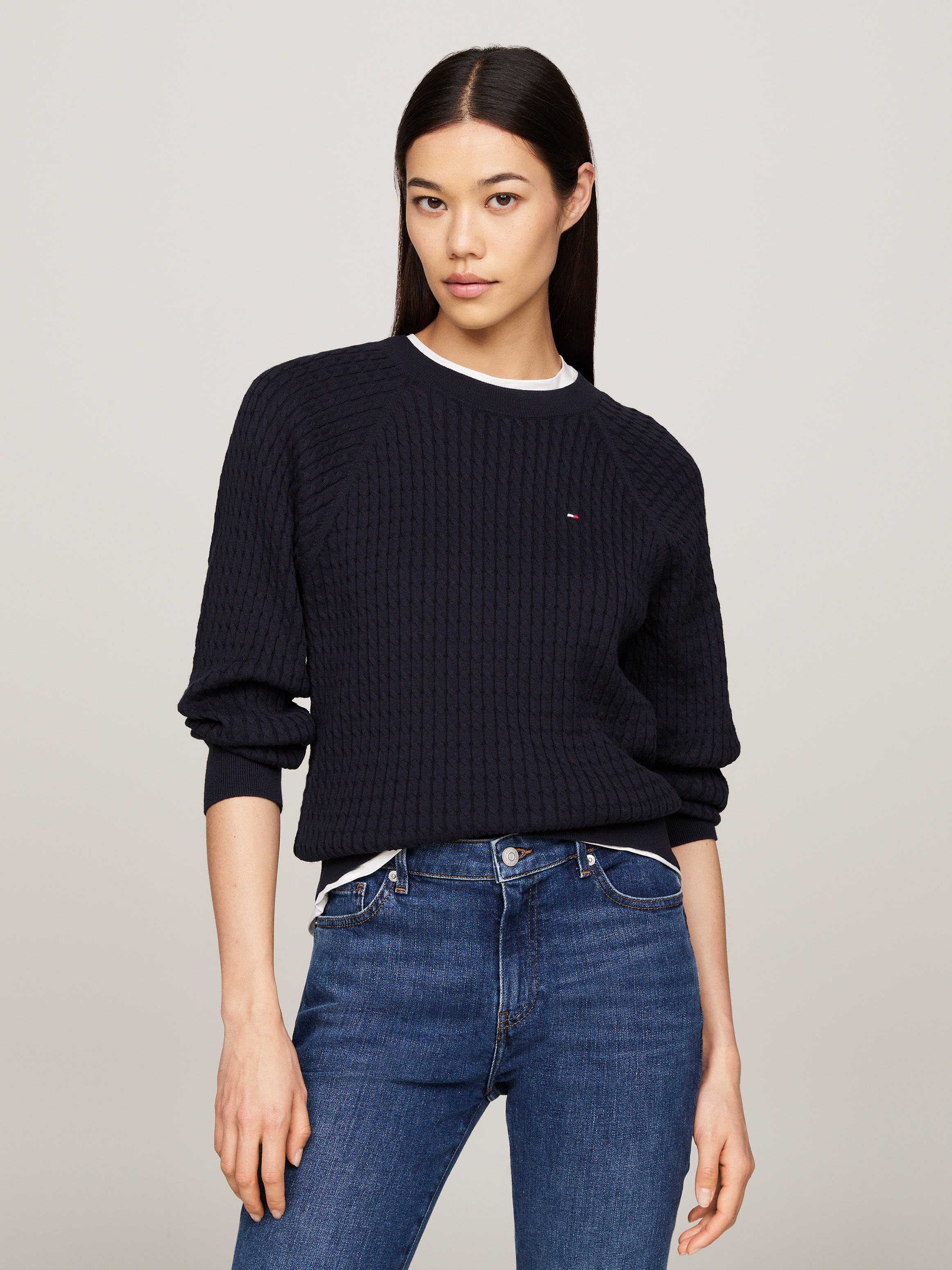 Tommy Hilfiger Rundhalspullover »CO CABLE C-NK SWEATER«, mit Zopfmuster