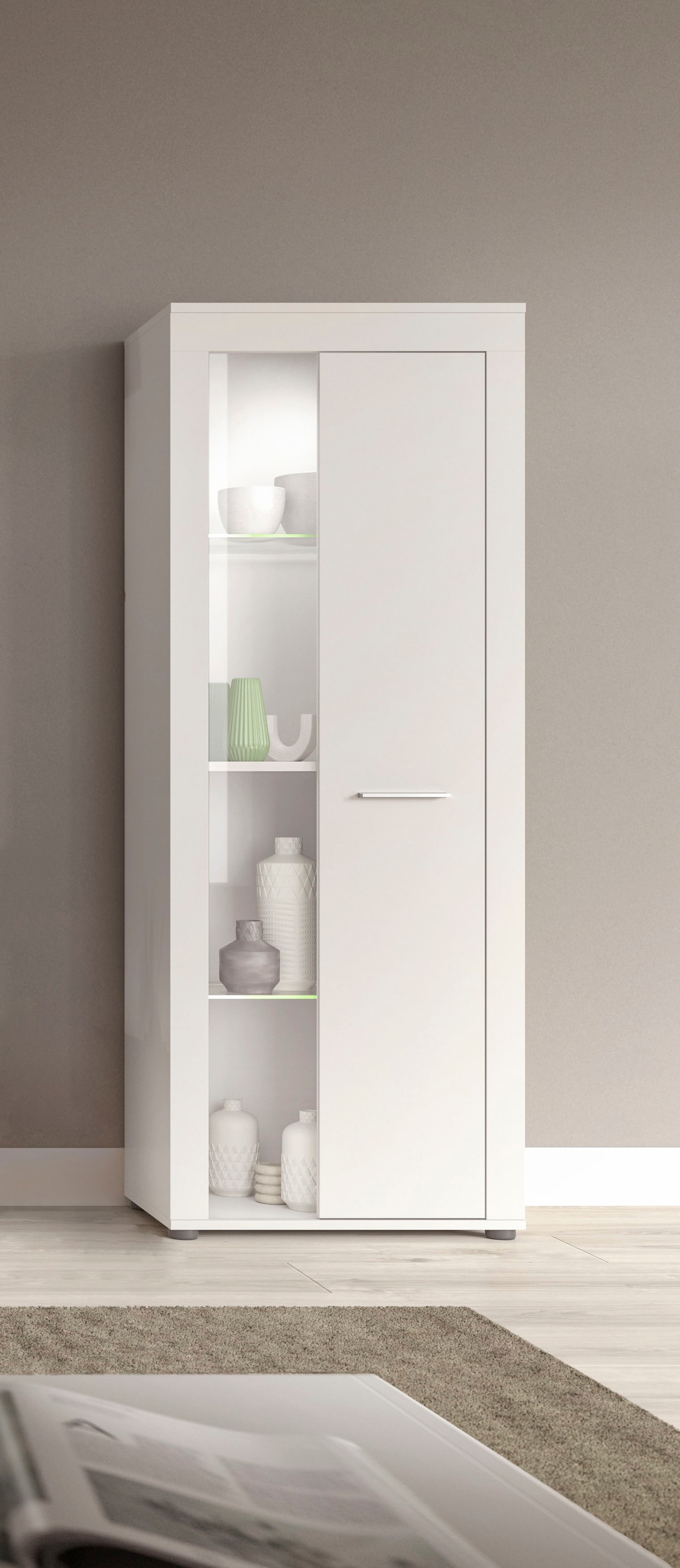 OTTO home Vitrine "AOSTA, Höhe 159 cm, 1 Tür (li/re), 2 Glasböden, 4 Fächer" in verschiedenen Farbausführungen, individuell kombinierbar, Standvitrine, Glasvitrine, Showcase, Vitrinenschrank, Wohnzimmer