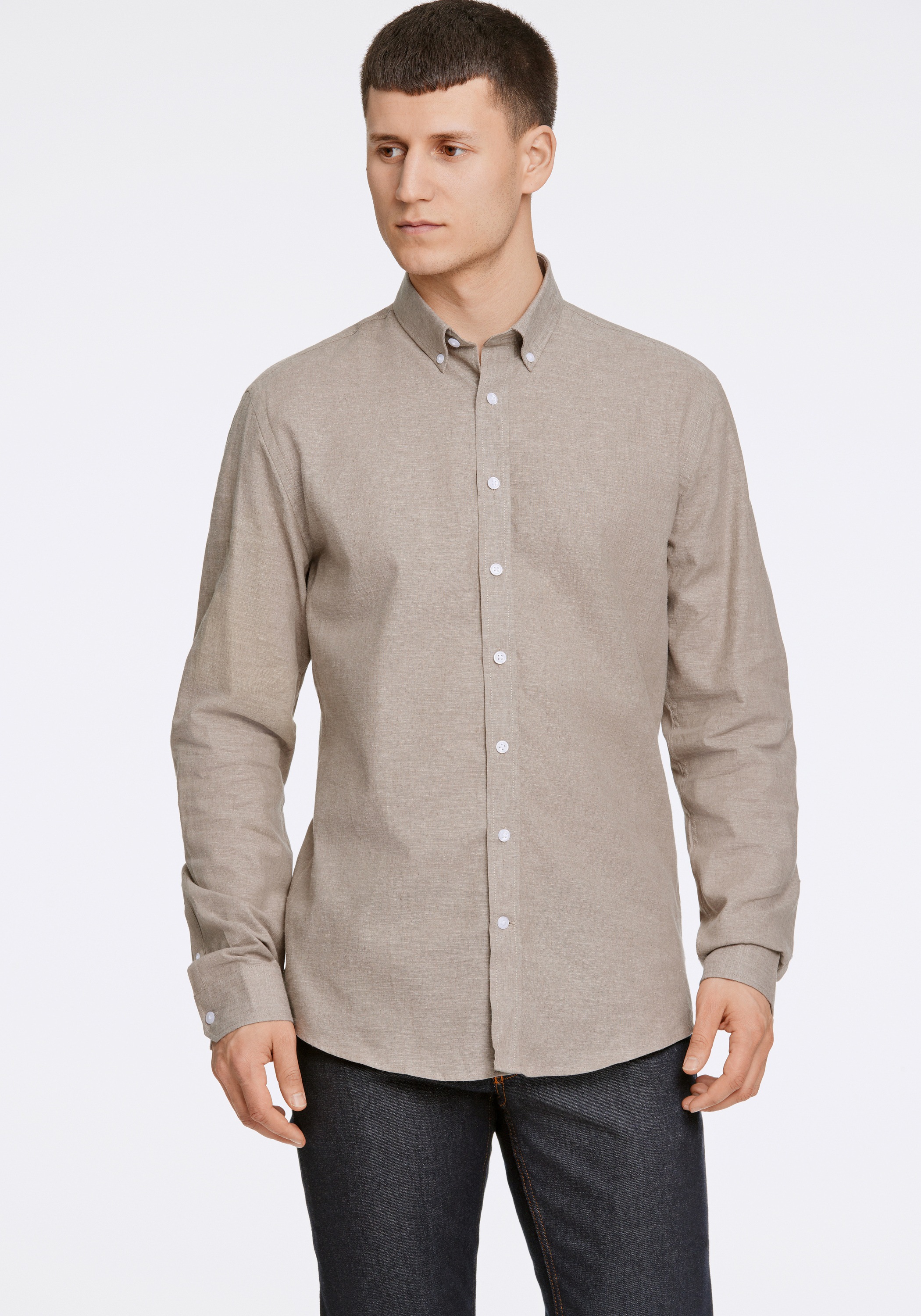 Leinenhemd LINDBERGH "Leinenhemd Slim Fit", Herren, Gr. M, Normalgrößen, mid stone, Obermaterial: 55% Leinen, 45% Baumwolle, Hemden