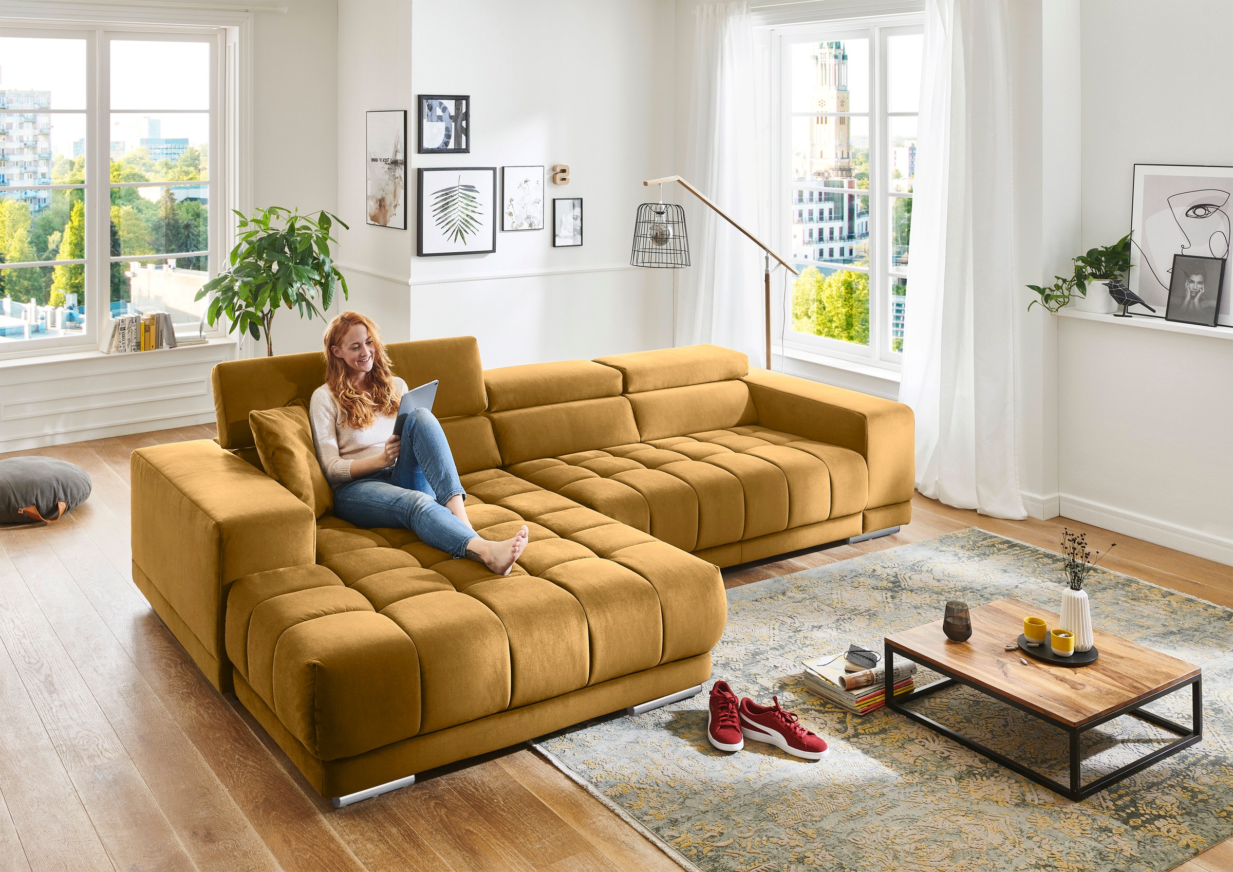 Ecksofa DIE PLANBAR "MP-IN15053 L-Form extra breiter Schenkel", gelb (curry), B:329cm H:73cm T:190cm, 100% Polyester, Sofas, Ecksofa, mit Kopfteilverstellung, wahlweise mit manueller Vorziehbank 6