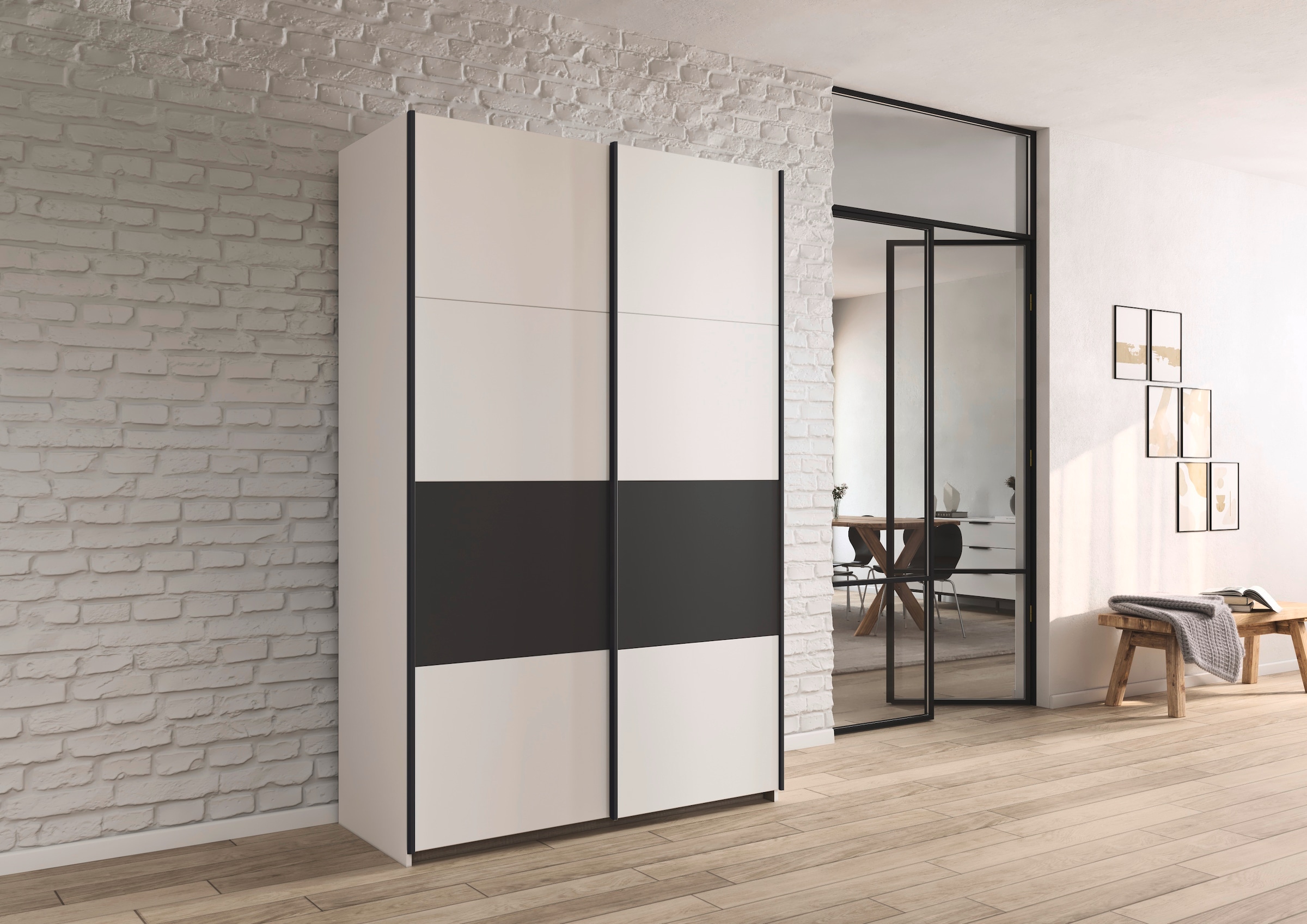 rauch Schwebetürenschrank »Kleiderschrank Schrank Garderobe Schlafzimmerschrank OXFORD«, (in 3 verschiedenen Ausstattungen BASIC/CLASSIC/PREMIUM), mit Griffleisten aus Metall, auch für kleinere Räume MADE IN GERMANY