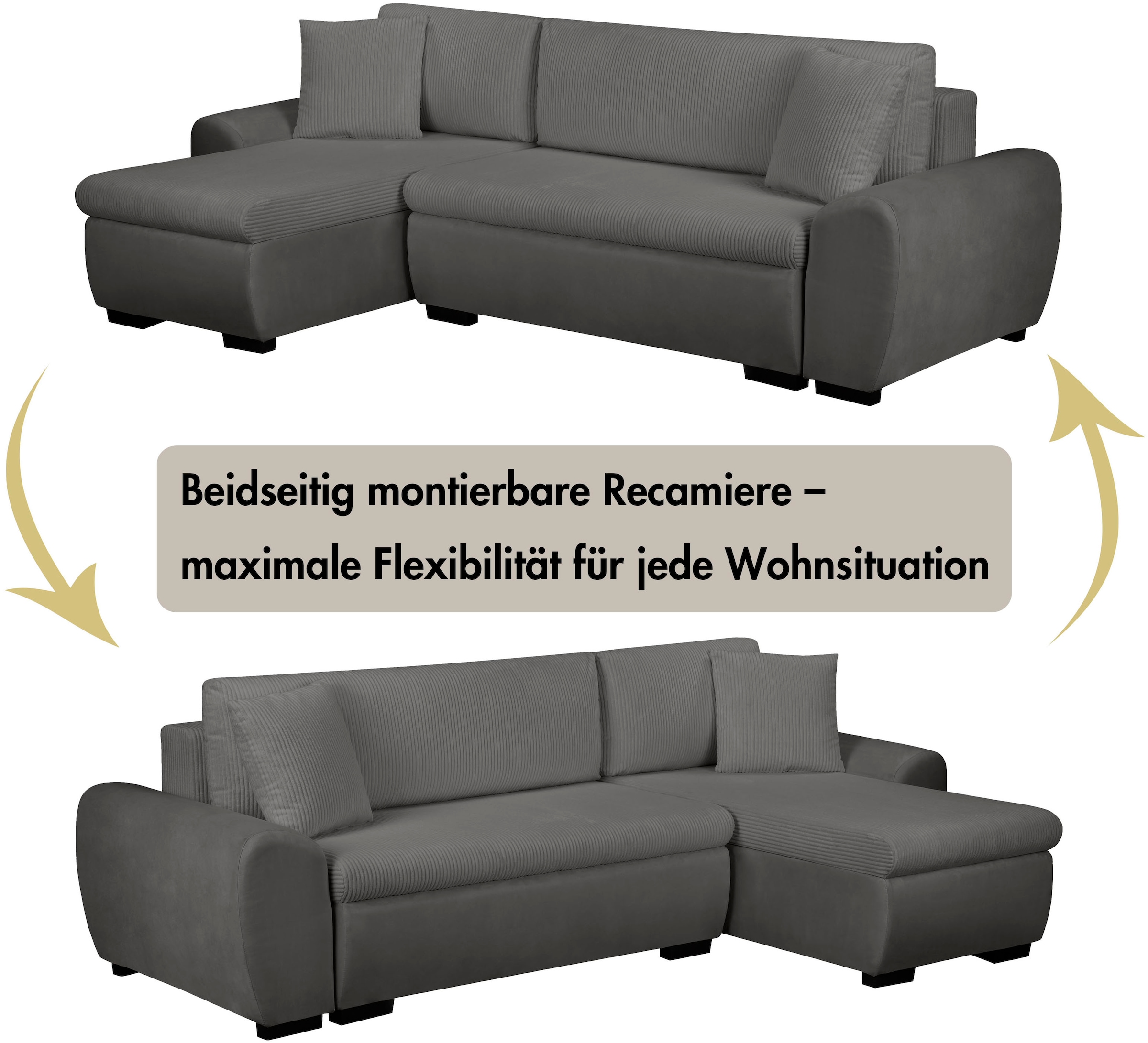 OTTO home Ecksofa »KIVELLA Cord-Struktur, L-Form, 240 cm« Schlaffunktion(128/191), Bettkasten, Cord-Struktur-Mix