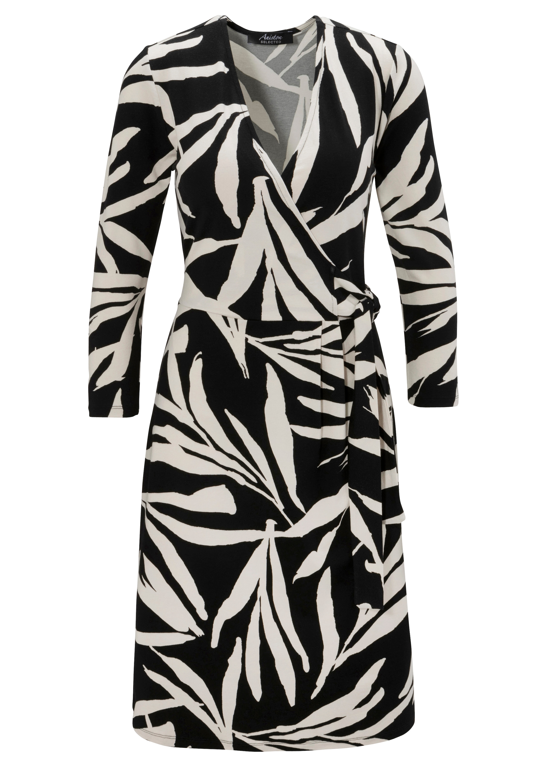 Aniston SELECTED bestellen Blätterdruck Jerseykleid, mit und BAUR Wickeloptik für | KOLLEKTION femininer NEUE 