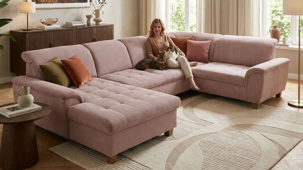 OTTO home Wohnlandschaft "Eggery 352 x 214 cm, auch mit Schlaffunktion & Bettkasten, Holzfüße" Kopfteile verstellbar, U-Form, aus Pet Friendly Cord