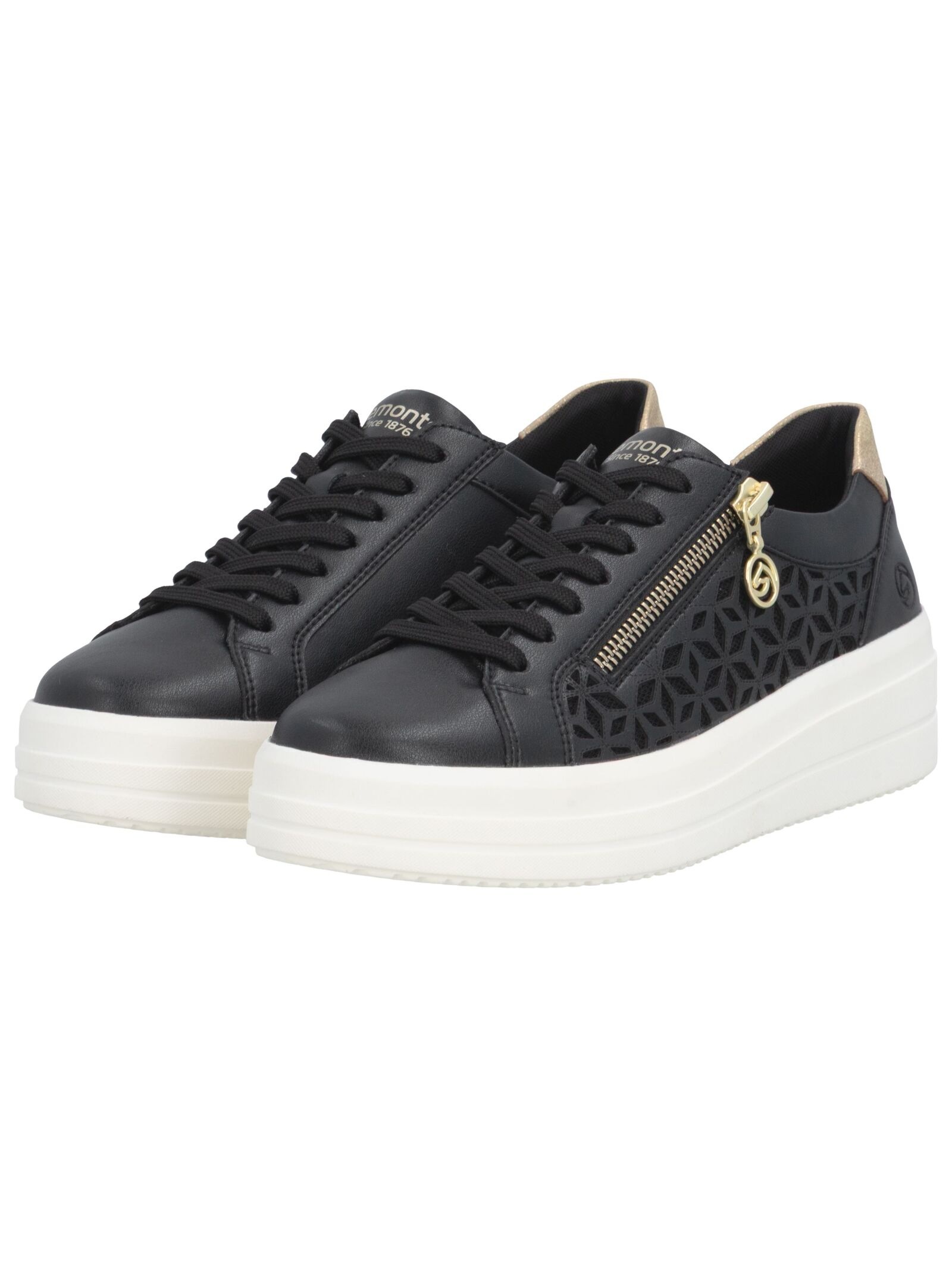 Plateausneaker REMONTE, Damen, Gr. 41, schwarz, goldfarben, Leder, Lederimitat, Schuhe Plateausneaker, Halbschuh, Schnürschuh mit Perforation und seitlichem Reißverschluss 3