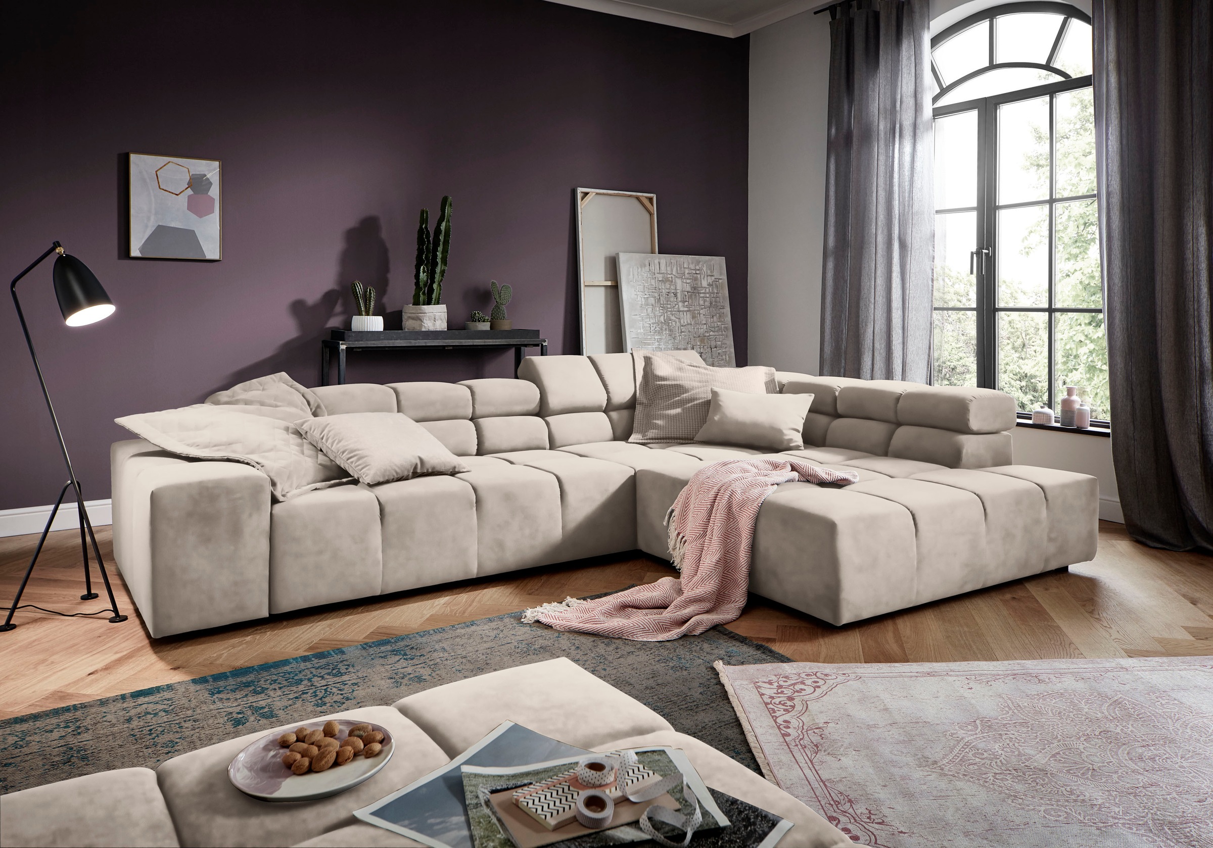 INOSIGN Ecksofa »Ancona incl. Kopfteilverstellung, Zierkissen Breite 319cm, L-Form«, wahlweise motorische Sitztiefenverstellung, auch in Cord + Easy Care
