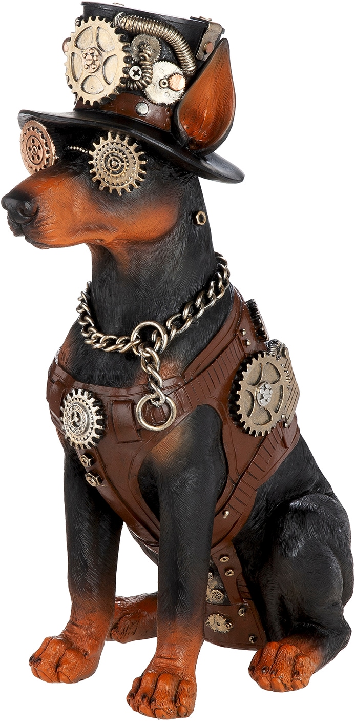 GILDE Skulptur "Figur Dobermann Steampunk Doberman" Dobermann Hundeskulptur Steampunk-Stil Zahnräder Hut Fantasiefigur