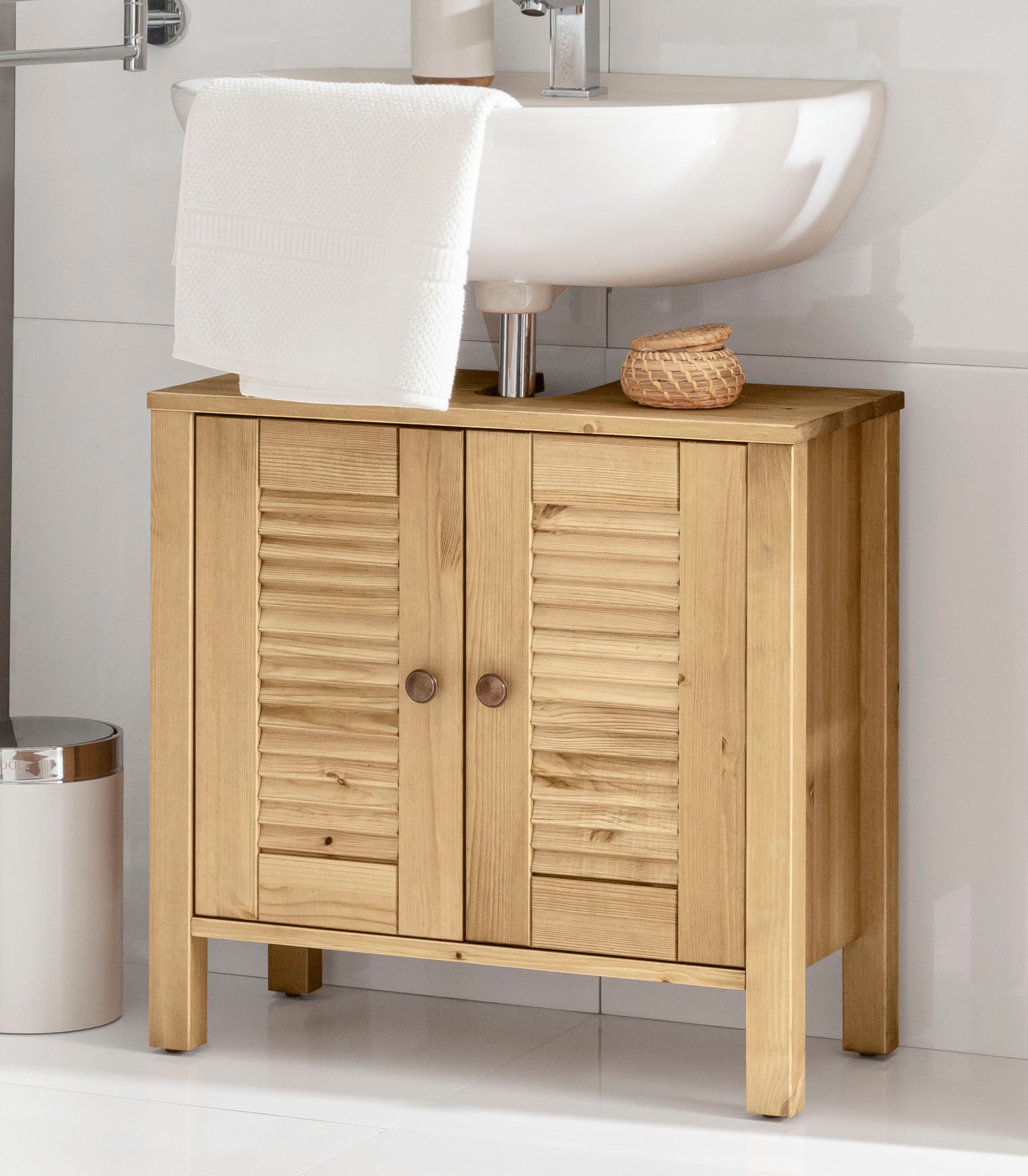 OTTO home Waschbeckenunterschrank "Ayanna" aus Massivholz, FSC, Lamellenfront, Höhe 57 cm, Breite 59 cm