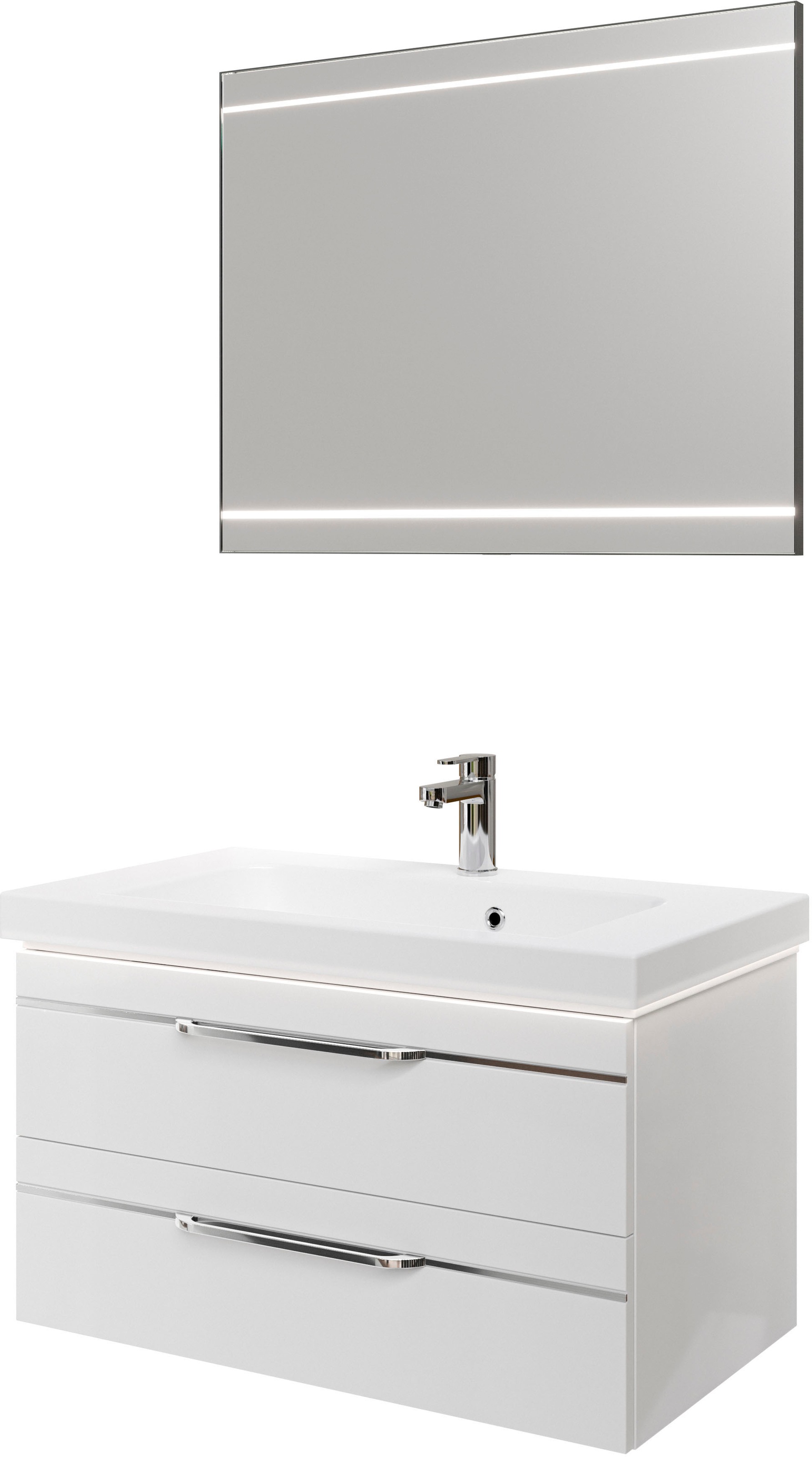 Saphir Badmöbel-Set »Balto 2-teilig Mineralmarmor-Waschtisch mit LED-Spiegel, Waschplatz«, (2 St.), 92 cm breit, mit 2 Schubladen, Badschrank inkl. Schubladendämpfer