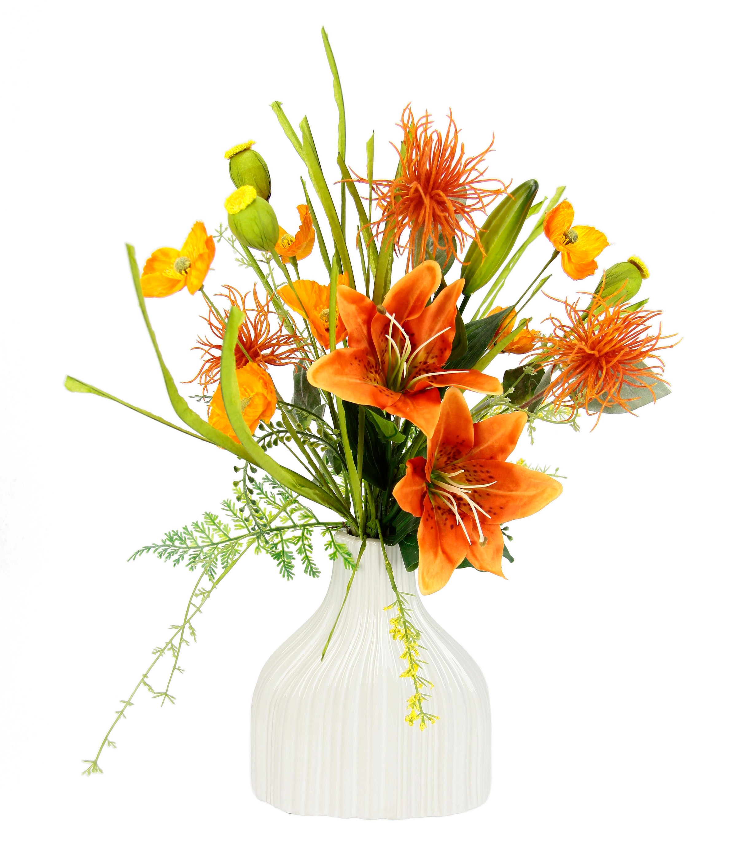 I.GE.A. Kunstblume "Blumenarrangement aus Lilien und Mohnblumen in Vase aus Keramik", Dekoblumen Blumenstrauß Seidenblum