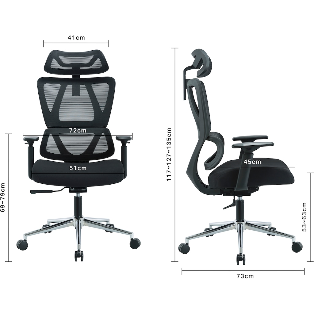 Places of Style Bürostuhl »Andora, moderner ergonomischer Schreibtischstuhl«, Netzstoff, verstellbare Armlehne & Kopfstütze, Lendenwirbelstütze
