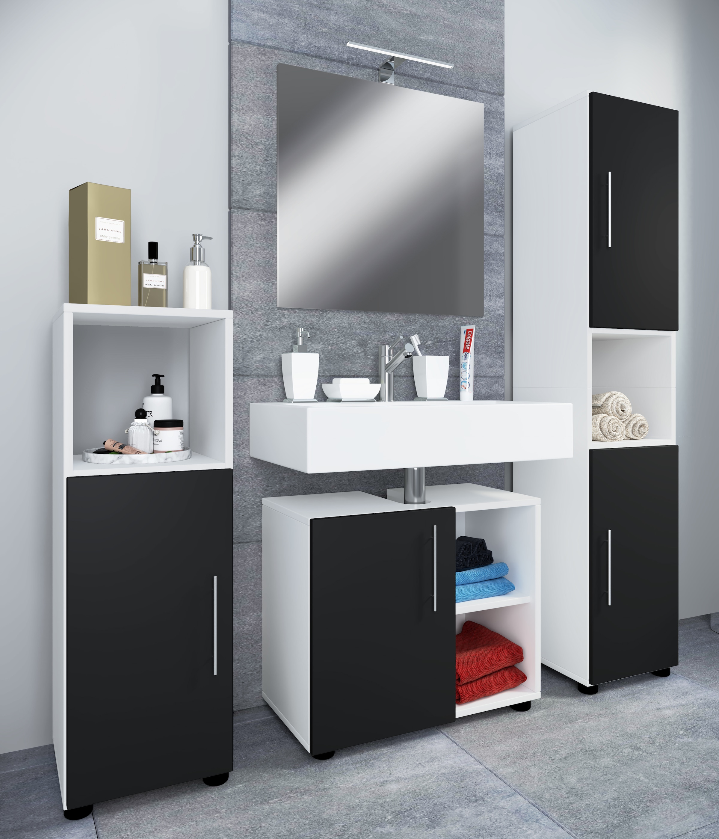 VCM Waschbeckenunterschrank »VCM 4-tlg. Badmöbelset | Badmöbel | Set aus Unterschrank, Midischrank, Hochschrank und Spiegel | Badezimmermöbel ¿ Flandu III«, (4 St.)