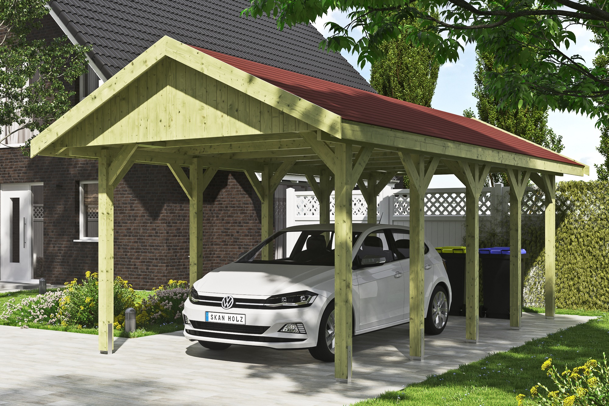 Skanholz Einzelcarport »Wallgau«, 291 cm, Grün, mit roten Dachschindeln