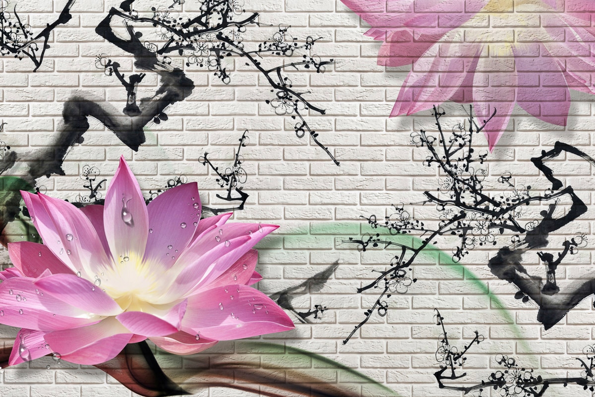 Papermoon Fototapete »LOTUSBLUME-STEINWAND GRAFFITI BLUMEN 3D DESIGN BLUME«