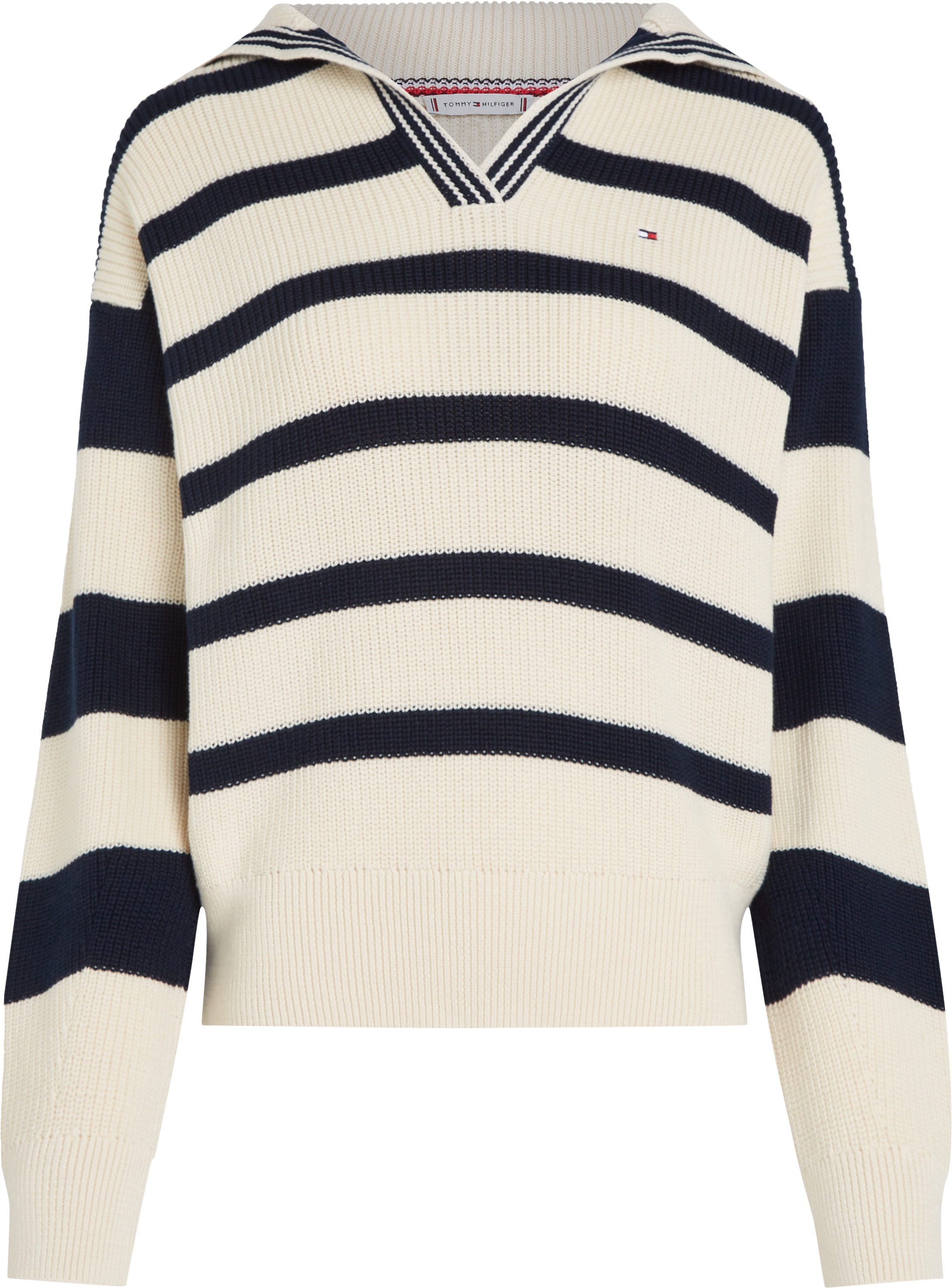 Tommy Hilfiger Polokragenpullover »CO CARDI STITCH OPEN POLO SWT LS«, mit Perlfangmuster, Polokragen, Logostickerei