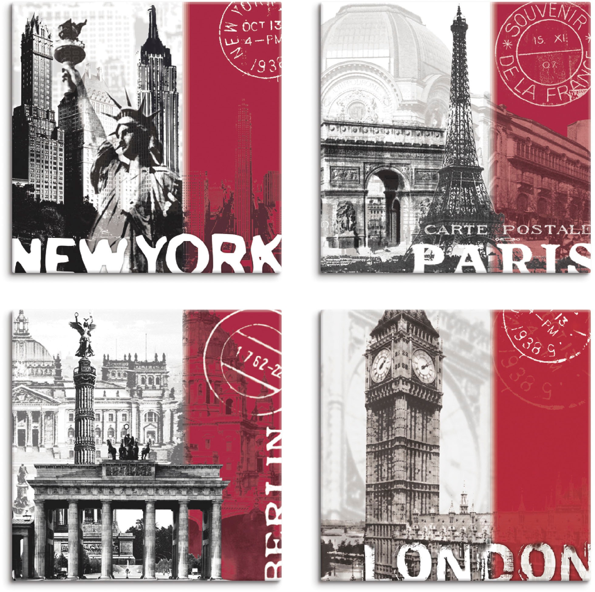 Artland Leinwandbild "New York Paris Berlin London bordeauxrot" Gebäude 4 Stk. tlg. 4er Set, verschiedene Größen