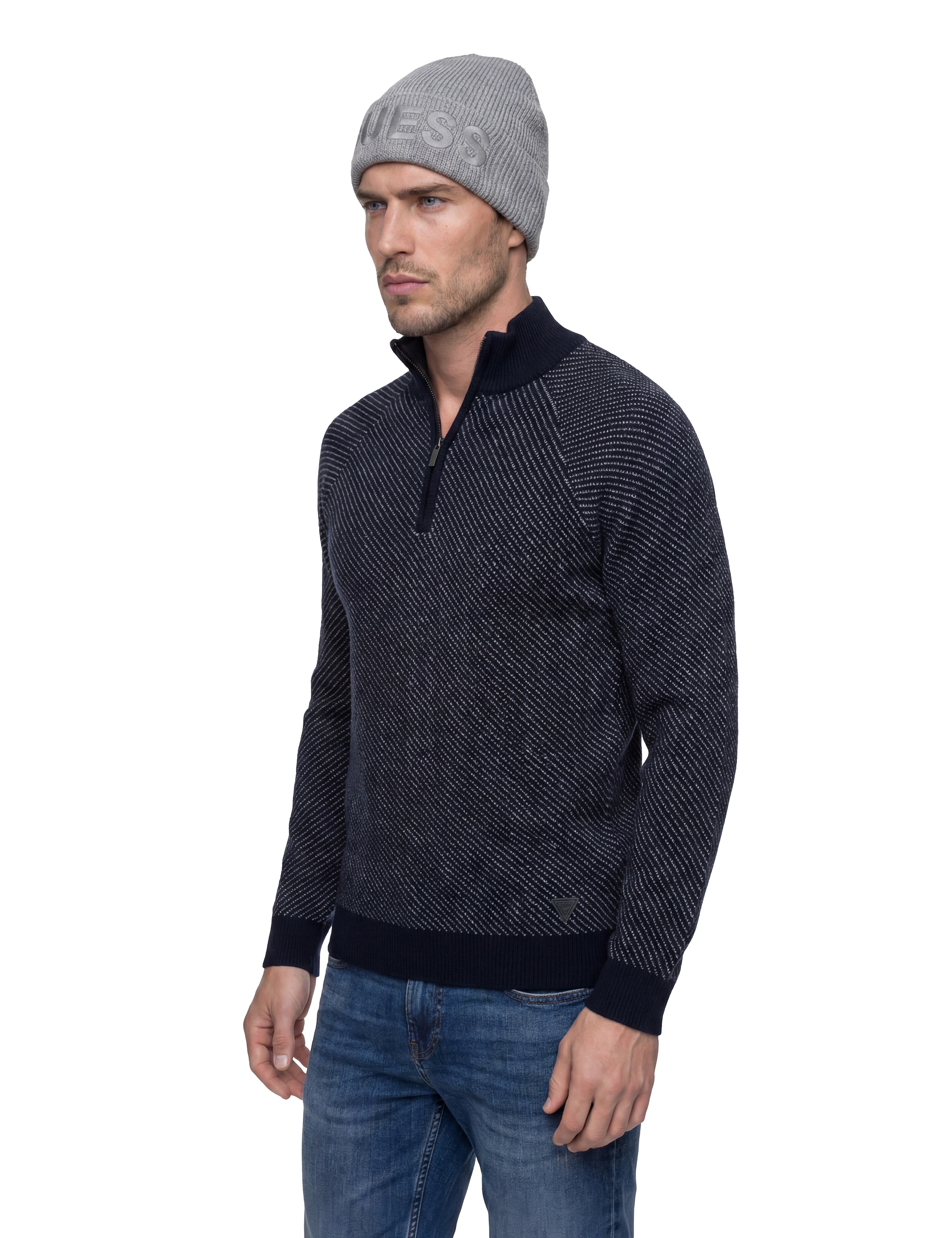 Guess Jacquardpullover »NICO DIAGONAL STITCH« mit Wolle, Stehkragen mit Reißverschluss, Jaquard-Strick