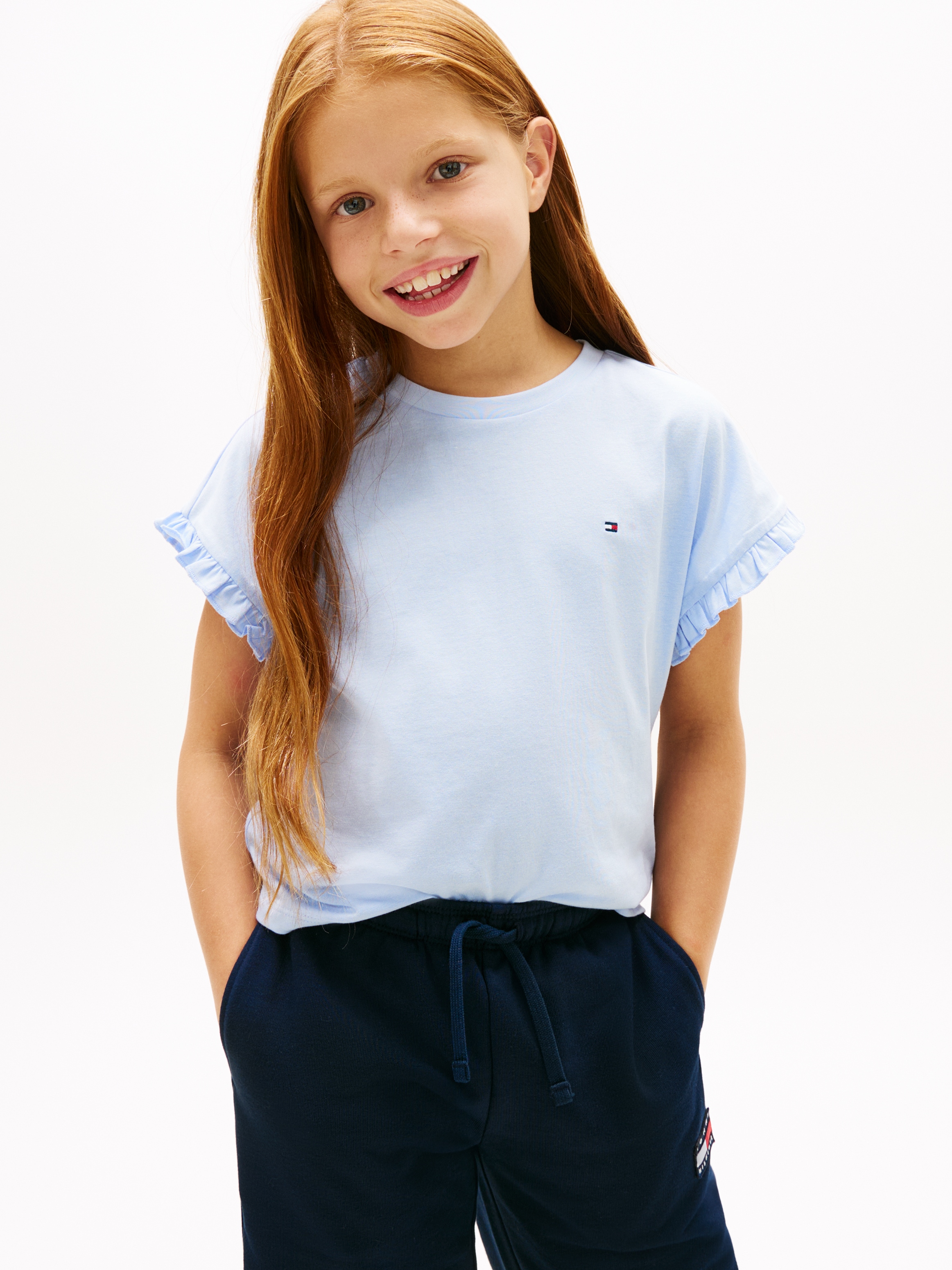 T-Shirt TOMMY HILFIGER "ESSENTIAL TOP SHORT SLEEVE", Mädchen, Gr. 10 (140), sweet blau, Single Jersey, Obermaterial: 60% Baumwolle, 40% Polyester, unifarben, relaxed fit normal, Rundhals, Rüschen, Shirts T-Shirt, Kinder bis 16 Jahre, mit Rüschen, relaxed  3