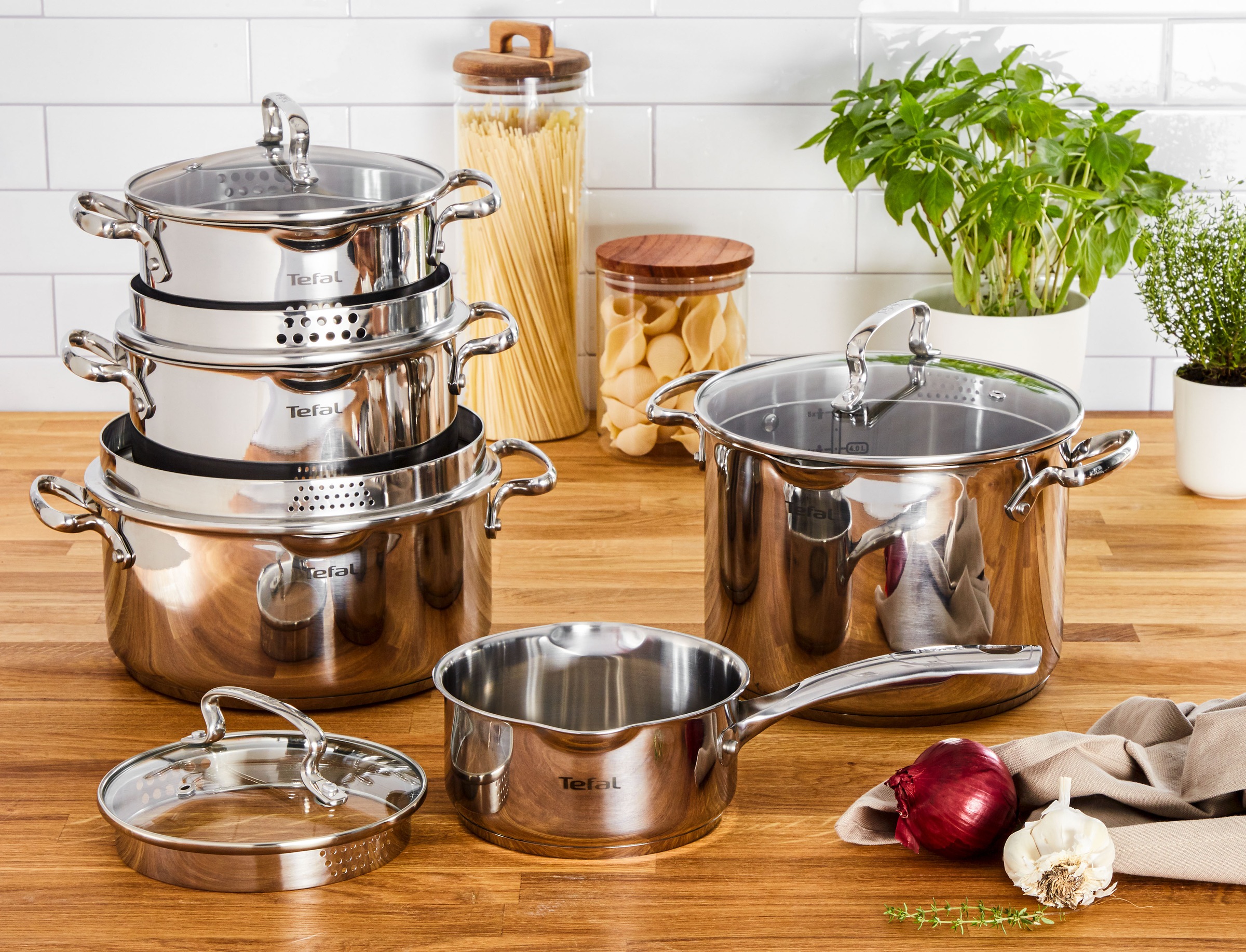 Tefal Topf-Set »Duetto+, Kochtopf Set mit Glasdeckel« Set, Stieltopf 16 cm, Schmortöpfe 18/20/24 cm, Suppentopf 22 cm, 10 tlg. Edelstahl