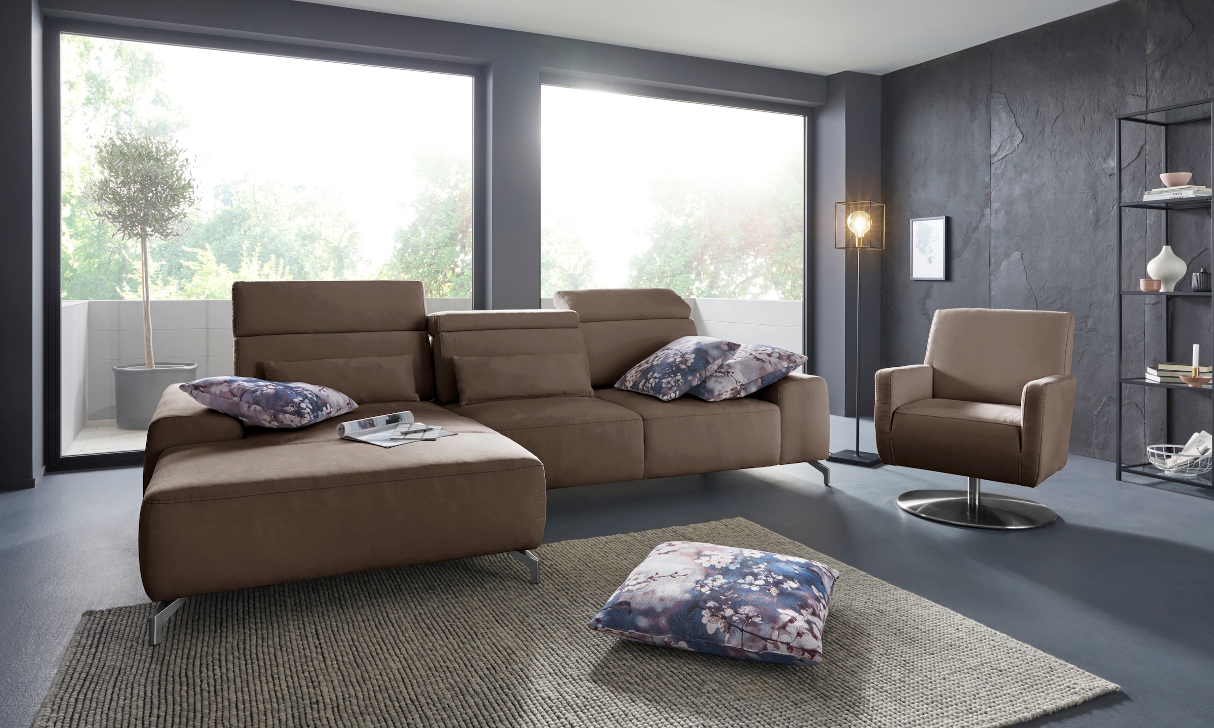 Ecksofa SIT & MORE "Gizeh L-Form", braun (chocco), B:289cm T:178cm, Sofas, Ecksofa, Fußhöhe 12 cm, inklusive Sitztiefenverstellung und Kopfteilverstellung 7