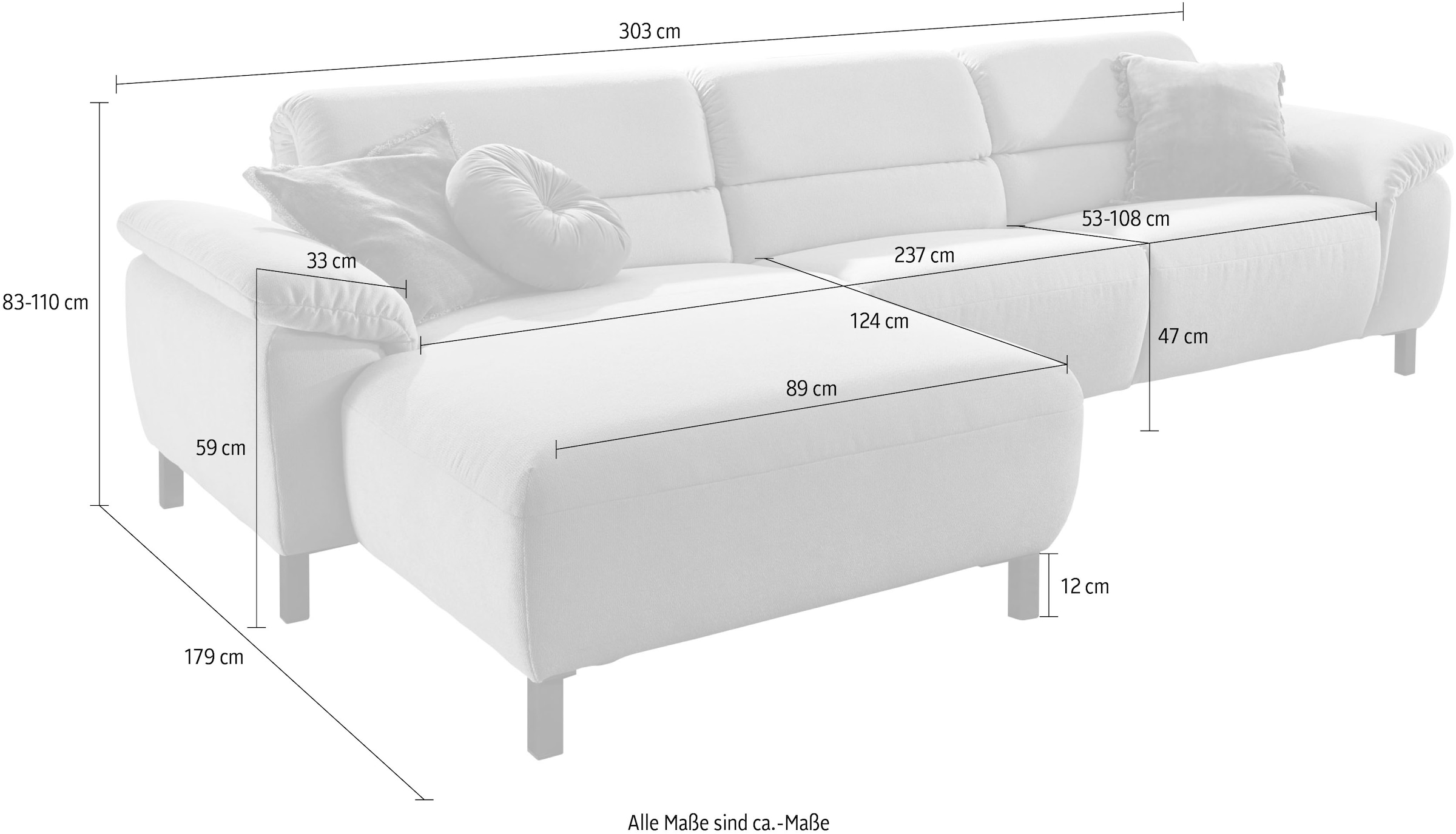 Places of Style Ecksofa »Trapani L-Form«, mit teilmotorischer Relaxfunktion und klappbaren Armlehnen