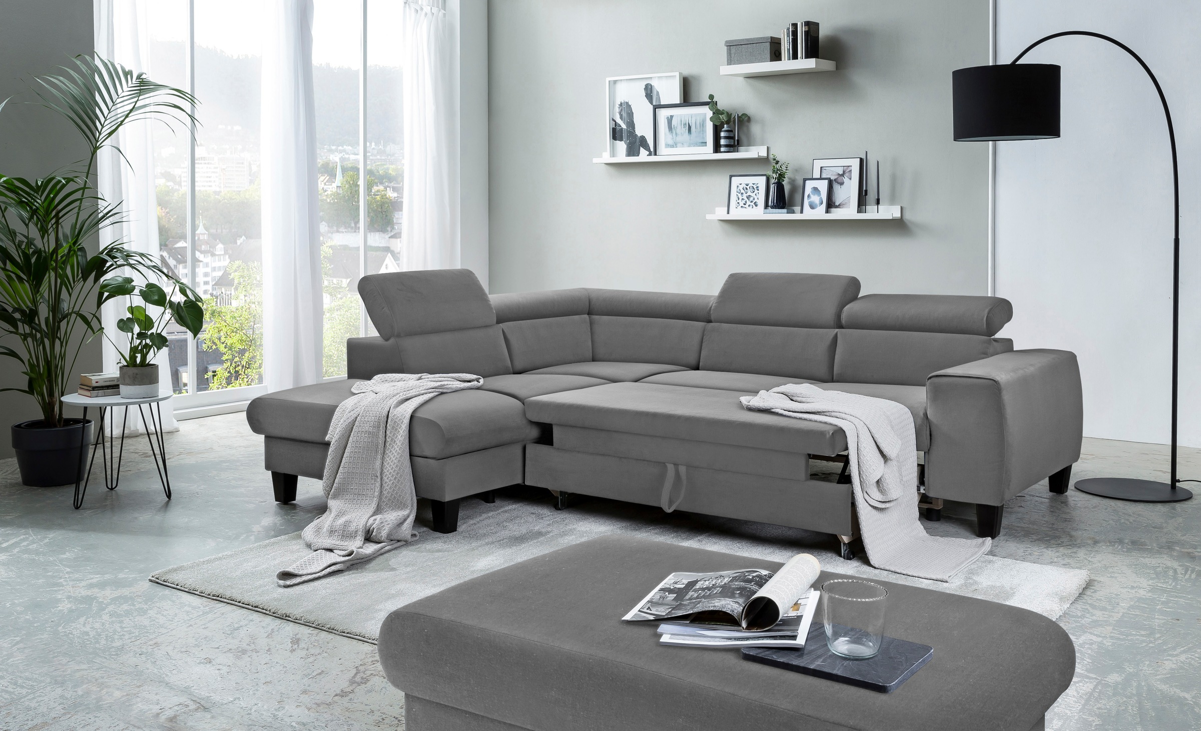 COTTA Ecksofa »Morven L-Form mit Kopfteilverstellung«, wahlweise mit Bettfunktion, Bettkasten & Wireless-Charger