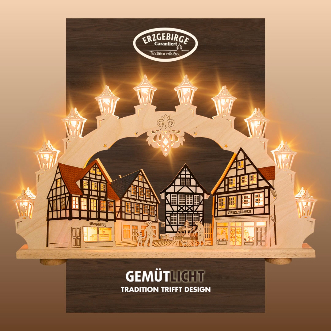 Weigla LED Schwibbogen "Altstadt, Fachwerkhaus, Lichterbogen aus Holz", Erzgebirge garantiert, Weihnachtsdeko Innen, Wei