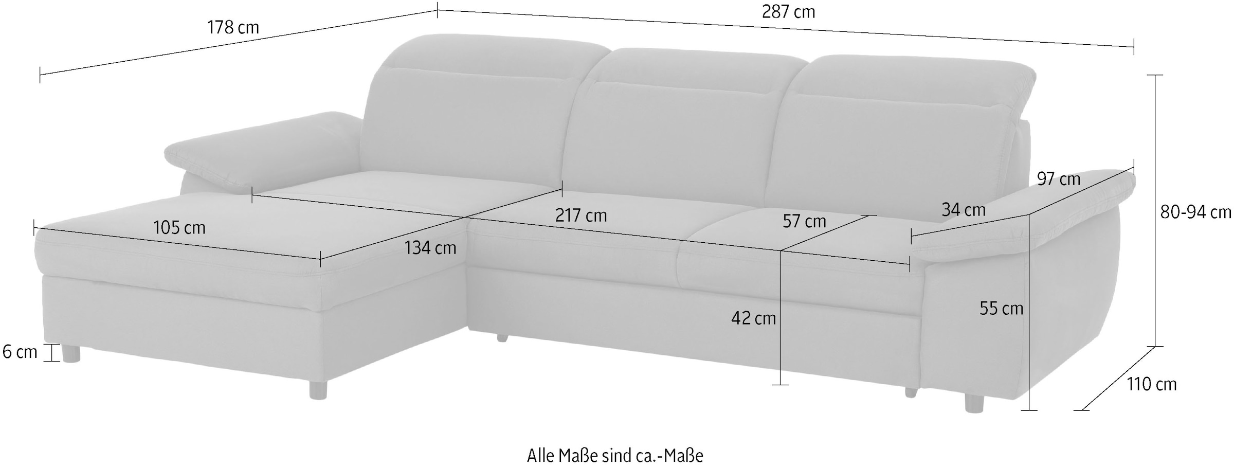 Home affaire Ecksofa »Mauritius L-Form«, mit Kopfteil- und Armlehnverstellung, mit Bettfunktion und Bettkasten