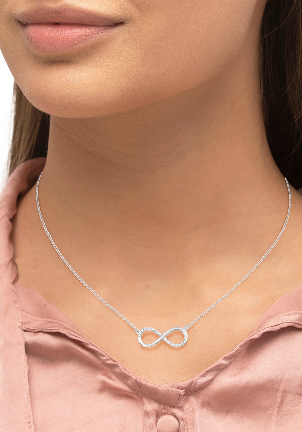 Kette mit Anhänger AMOR "Infinity/Unendlichkeitsschleife", weiß (weißgoldfarben, weiß), Halsketten, Damen, Weißgold 375, L: 45, mit Zirkonia (synth.) 3
