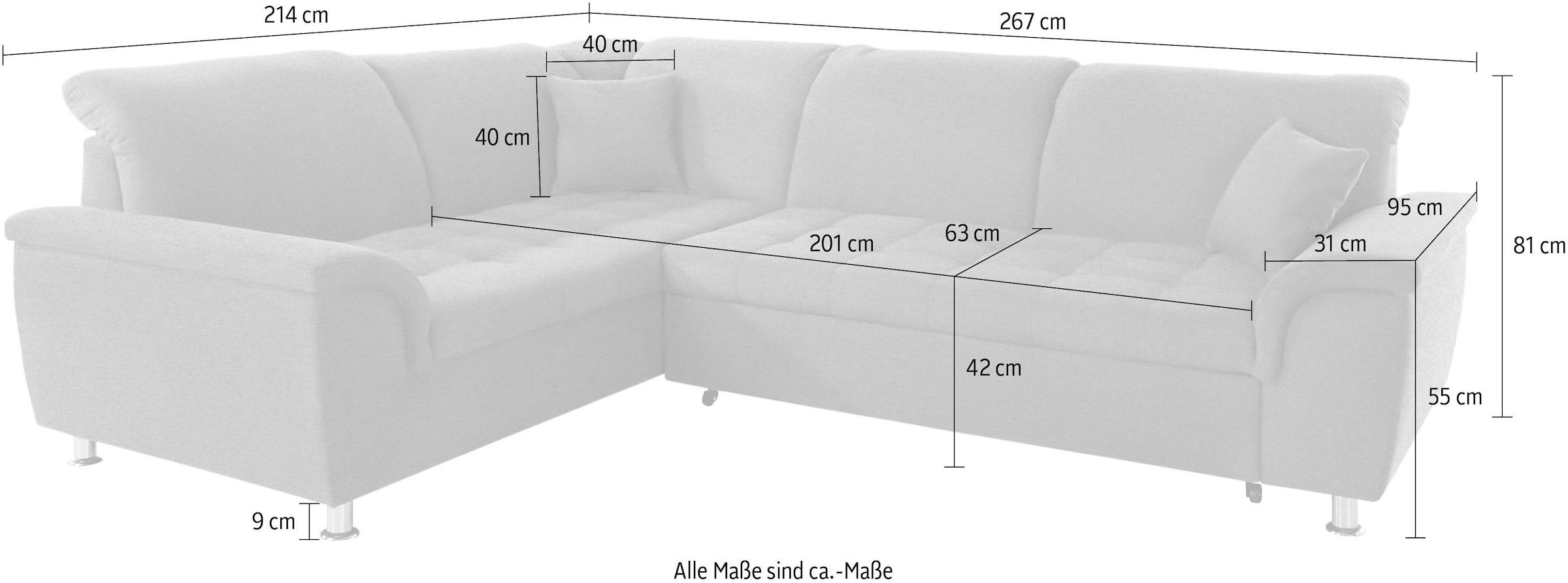 DOMO collection Ecksofa »Franzi, zeitlos und elegant, moderne Sitzheftung, L-Form«, wahlweise mit Kopfteilverstellung (dann Breite: 275 cm)