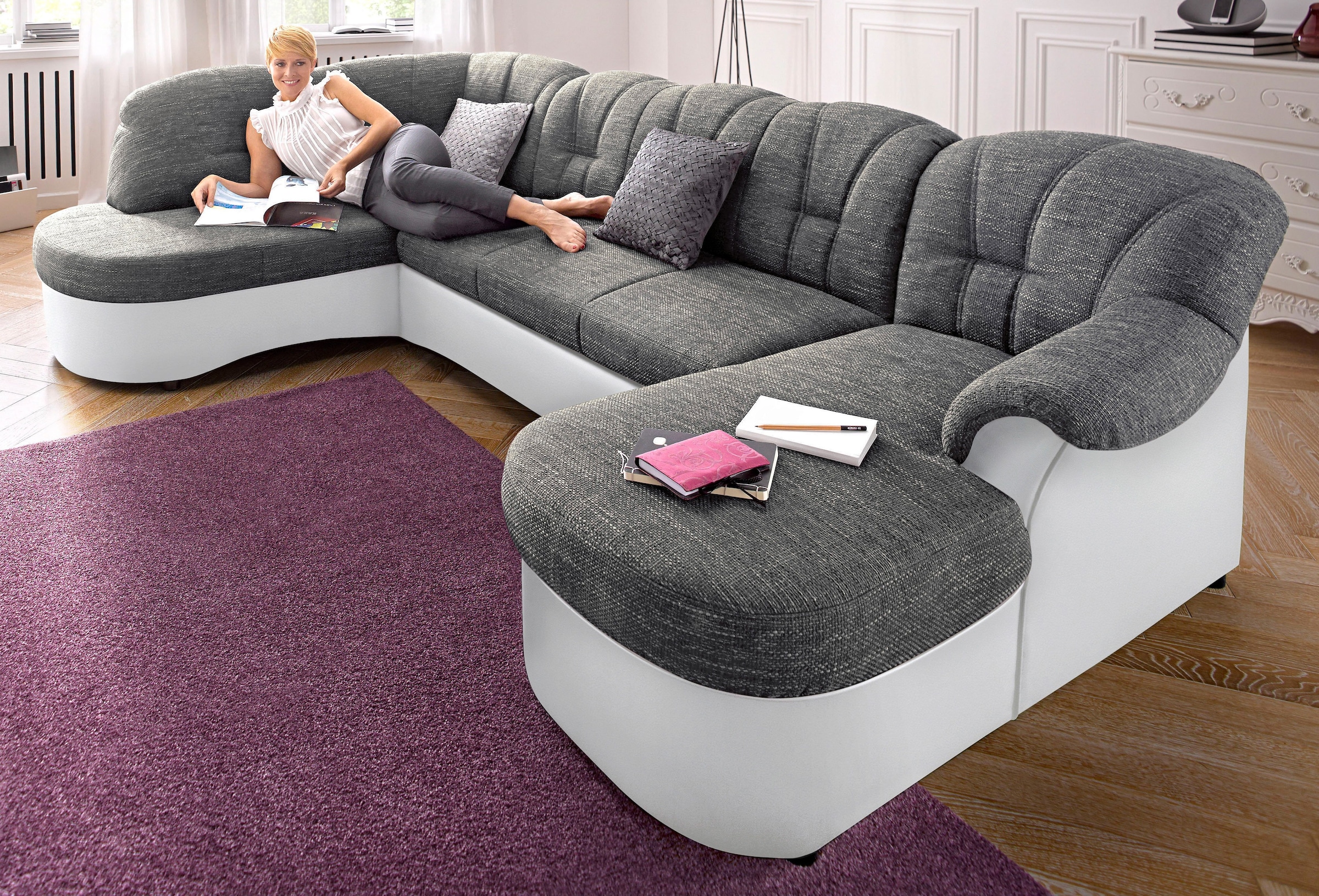 DOMO collection Wohnlandschaft "FLORES 293x180x86 cm, hochwertig, komfortabel, U-Form" wahlw. mit Bettfunktion, wahlw. mit Federkern, Unser Dauertiefpreis