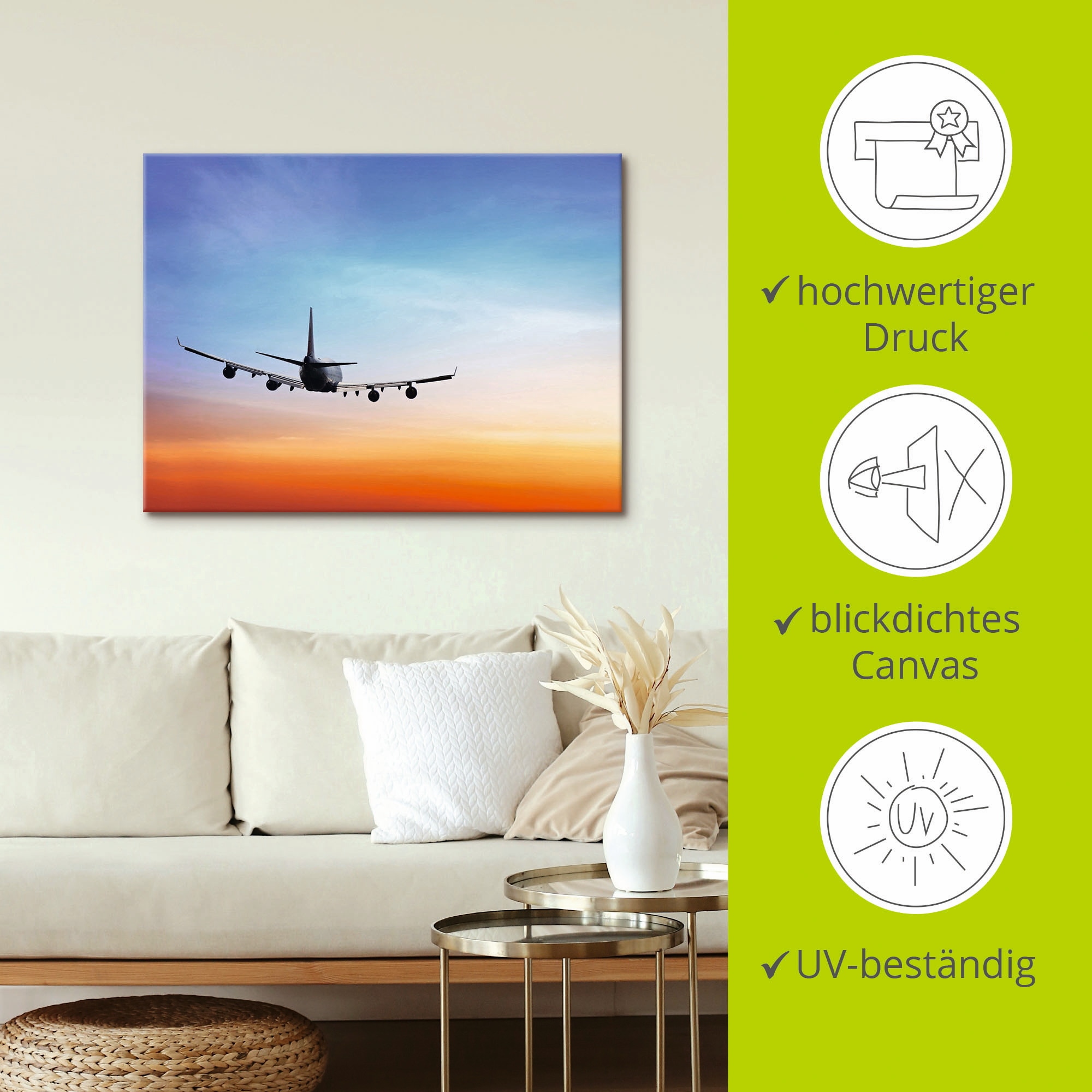 Artland Wandbild »Flugzeug vor orange/blauem Abendhimmel«, Flugzeuge & Helikopter, (1 St.), als Leinwandbild, Wandaufkleber in verschied. Größen