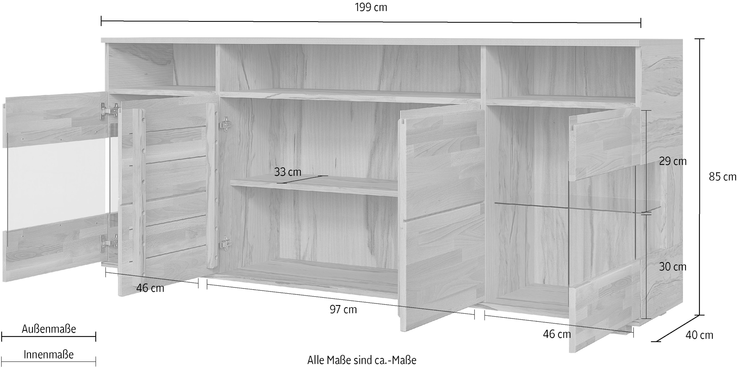 OTTO home Sideboard »VETRO Teilmassiv, Fronten Massivholz, Wohnzimmer, Stauraum,Griffmulde« B/T/H:199/40/85cm, 3 offene Fächer, 6geschlossen Fächer, Stauraum