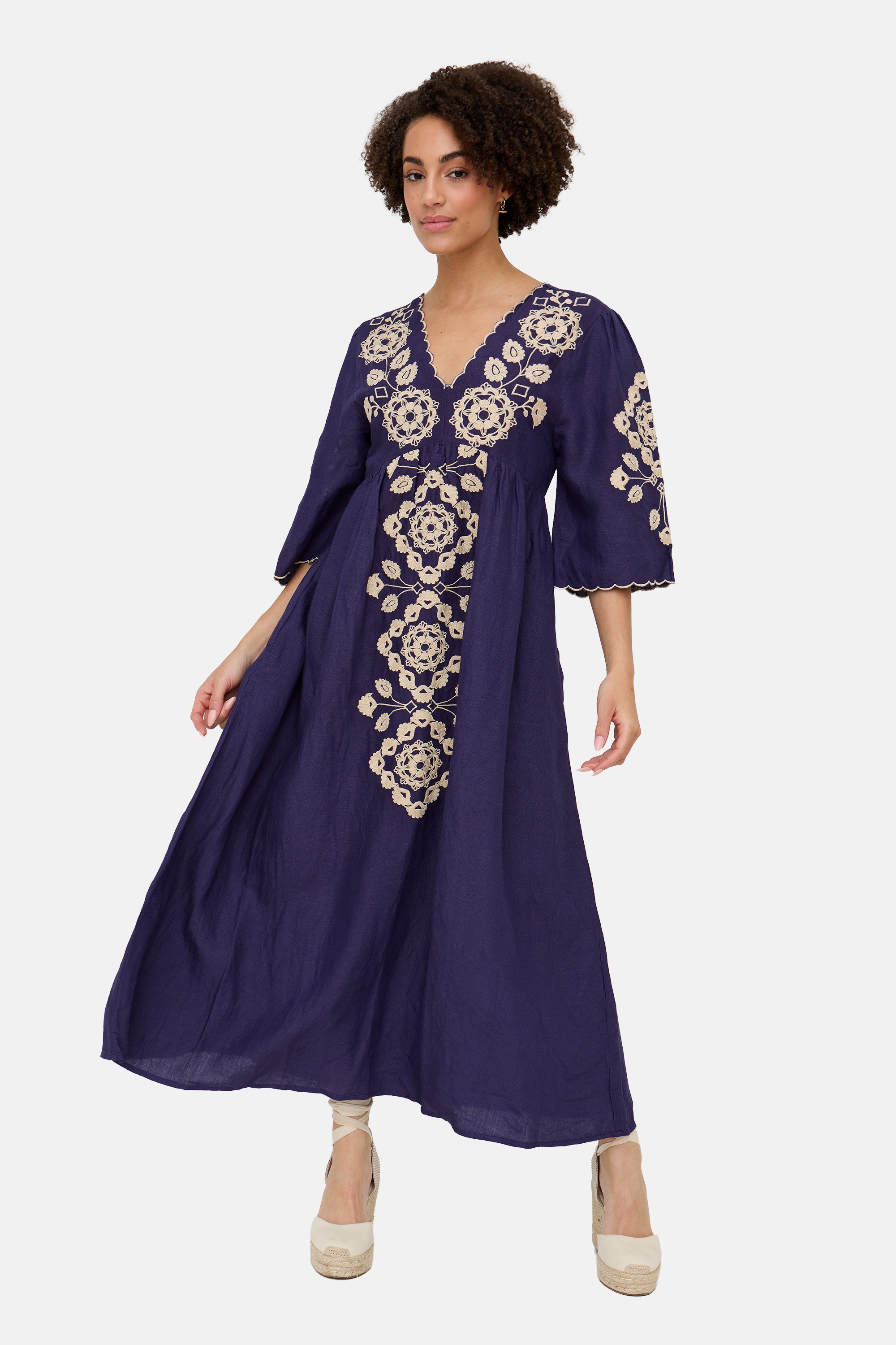 RAFFYA Midikleid "Arianna V- Neck Embroidered Maxi Dress Damen" günstig online kaufen