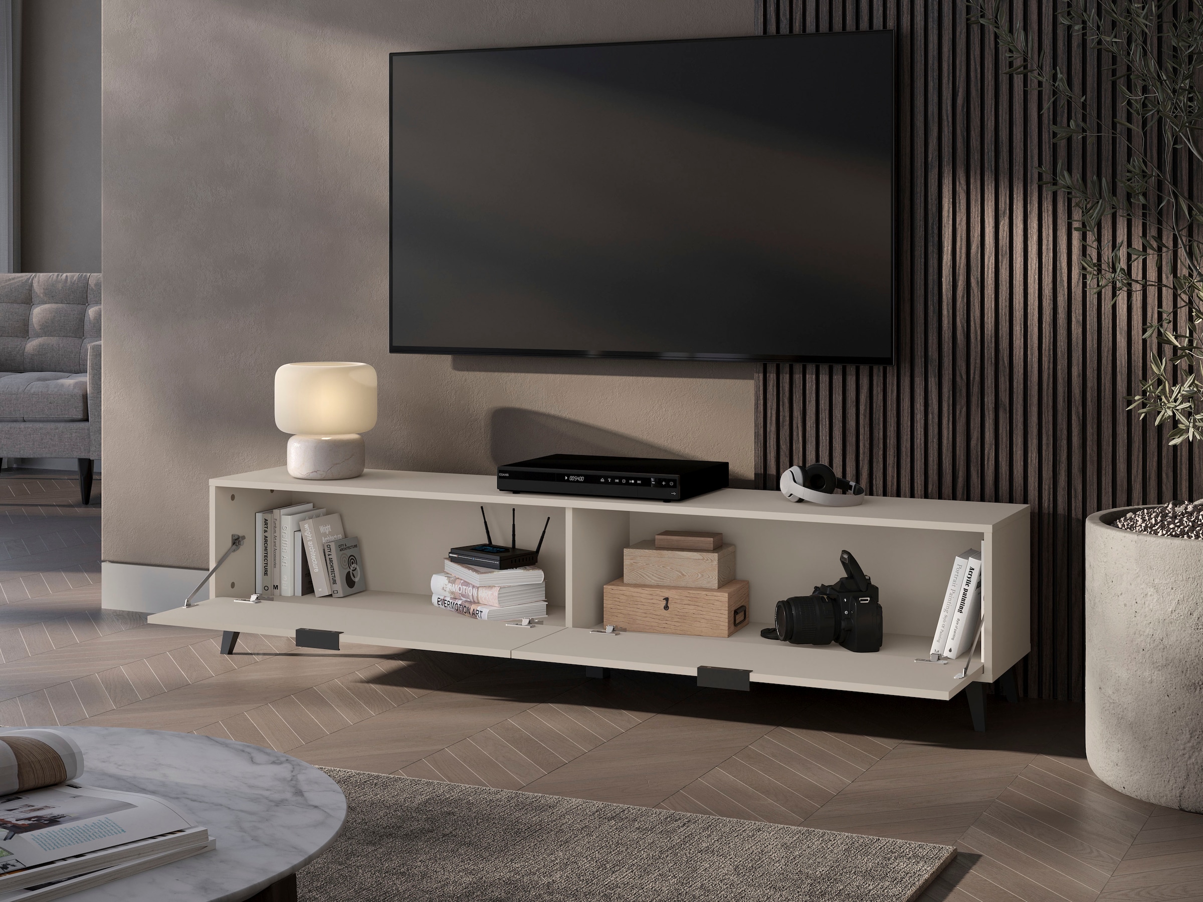 OTTO home Lowboard »Oslo, B/H/T: 180/40/33 cm« 2 Klappen, schwarze Metallgriffe, schwarze Füße