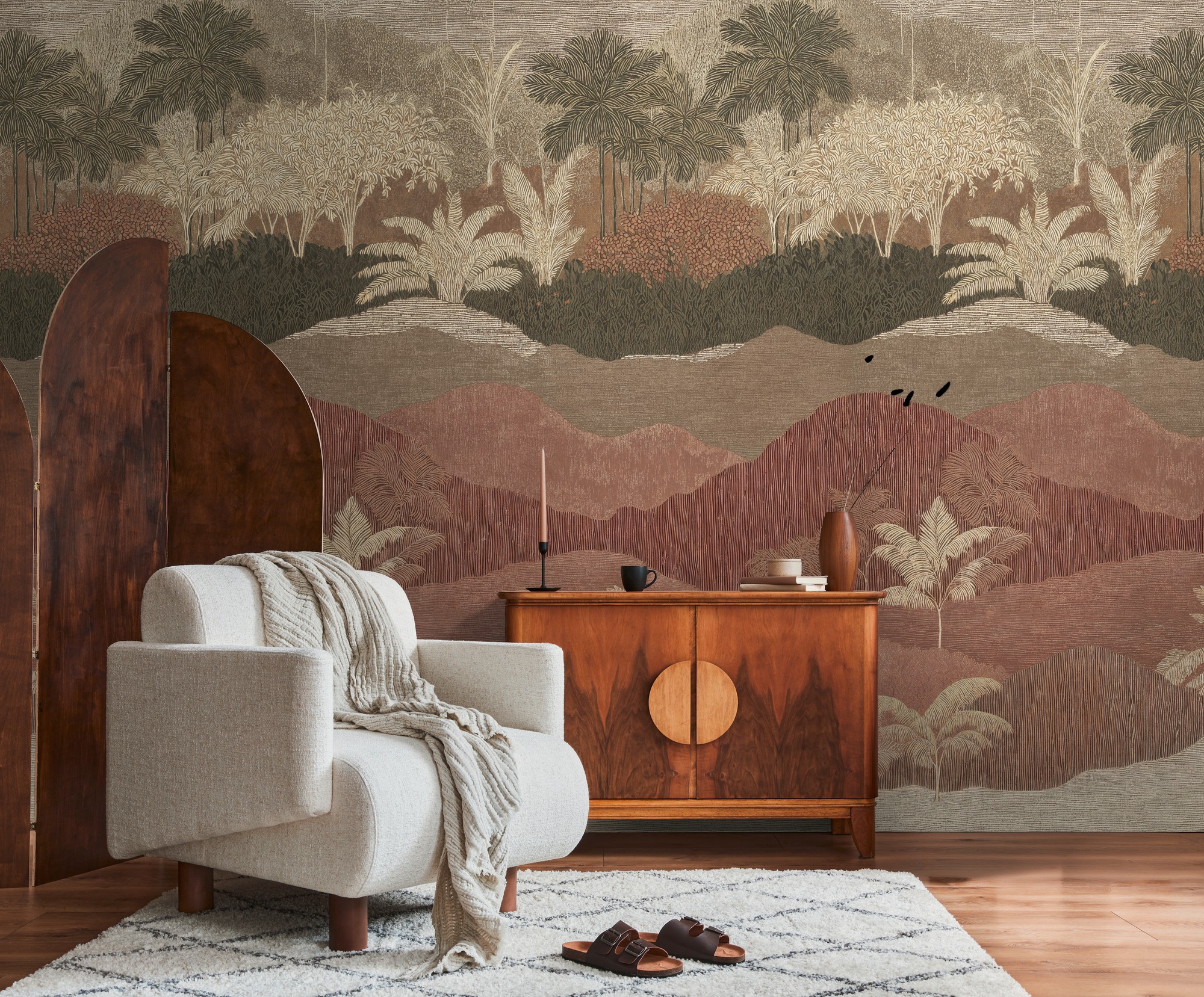 living walls Vliestapete »Vibes & Styles Caldera – Terra Tropica Fototapete« 3D-Optik leicht strukturiert Panorama Landschaft mit stilisierten Palmen und sanftem Tiefeneffekt