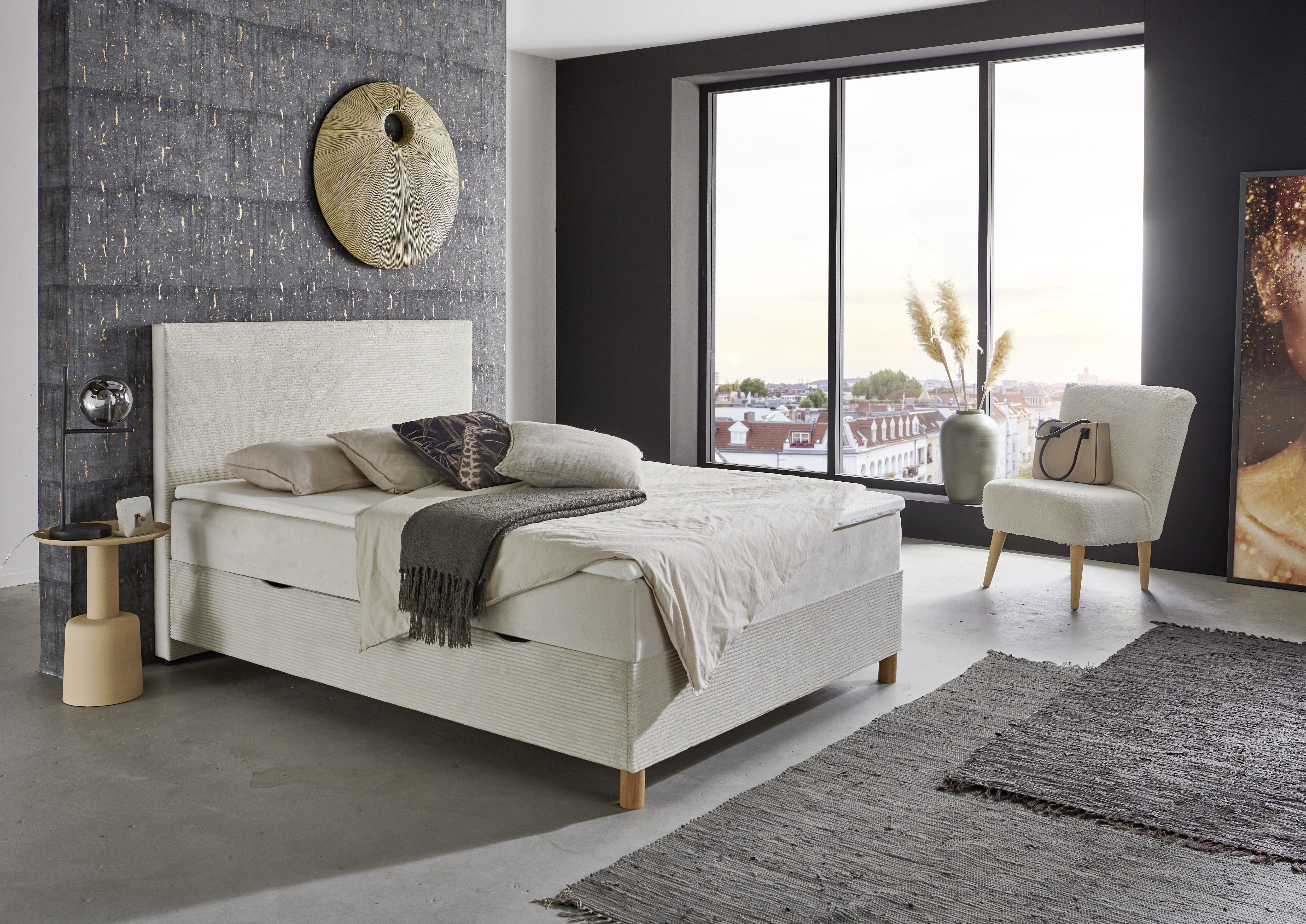 meise.möbel Boxbett "KORSIKA, Polsterbett mit Bettkasten, inkl. Taschenfederkernmatratze H3" mit Kaltschaum-Topper, Cordstoff-Bezug, 140x200 cm, Holzfüße