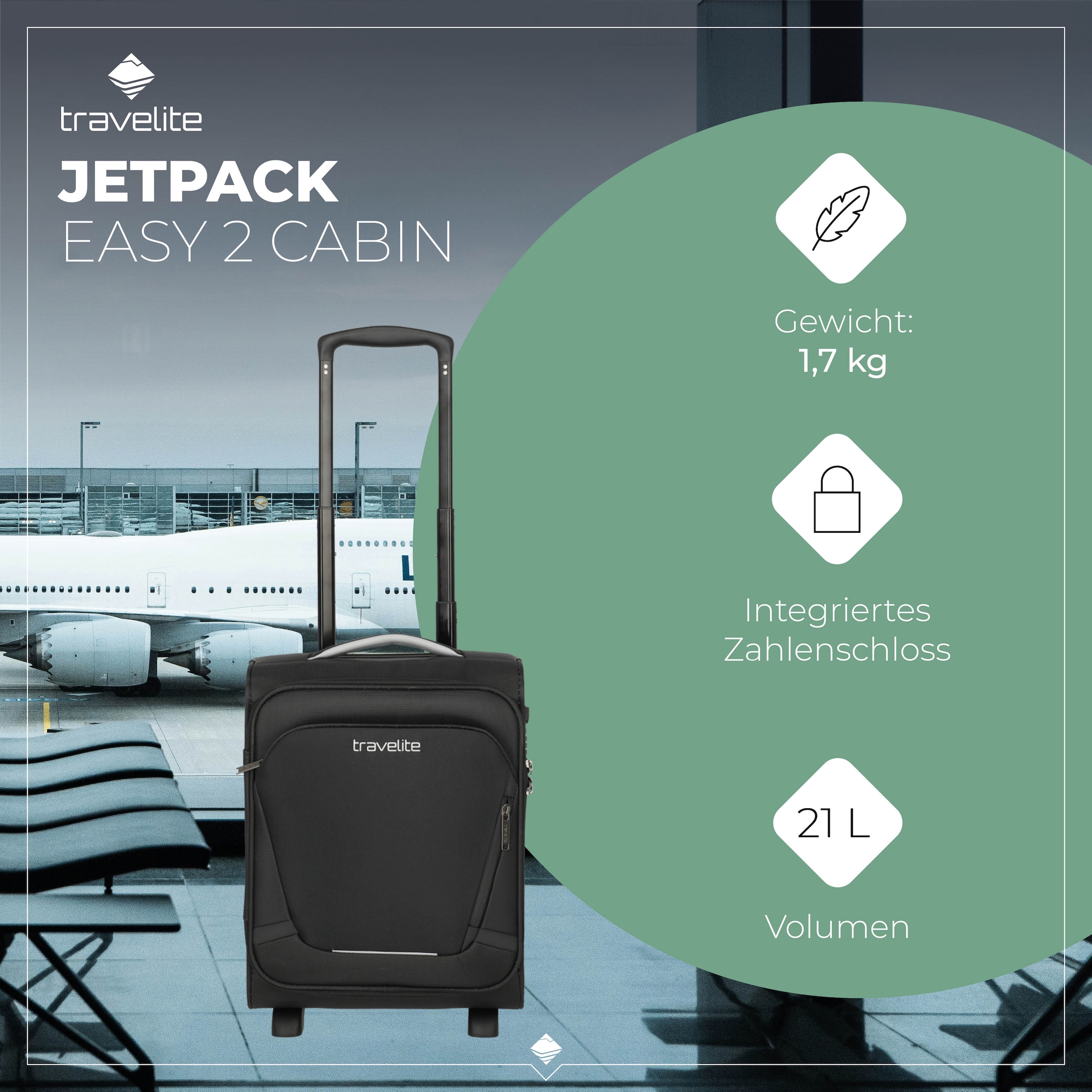 travelite Handgepäck-Trolley »JETPACK Easy 2 Cabin, konzipiert für EasyJet, Vueling & Wizz«, 4 Rollen, Weichgepäck-Koffer Handgepäck für die meisten gängigen Airlines