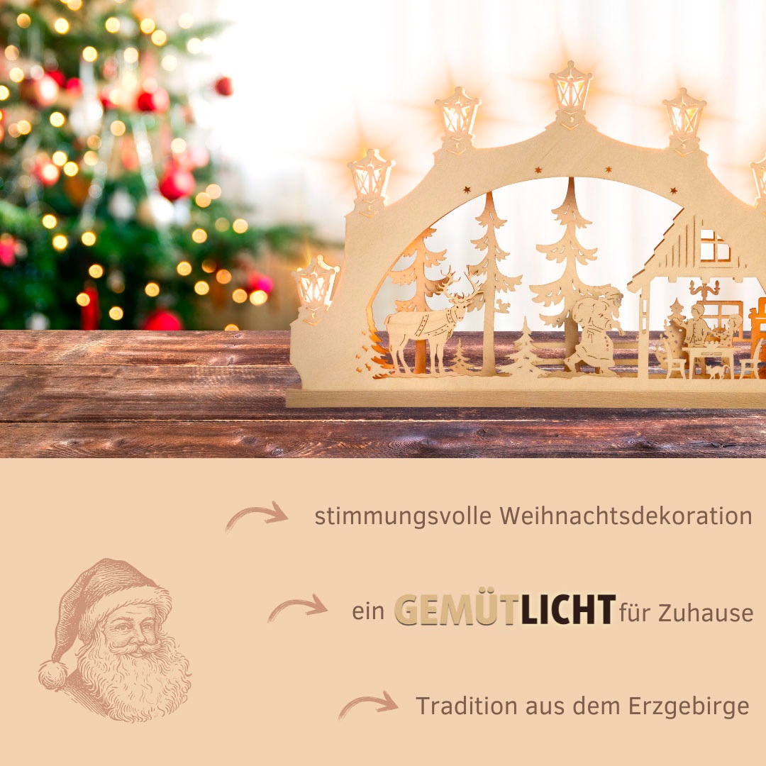 Weigla Schwibbogen »Weihnachtsabend, Lichterbogen aus Holz, NATUR«, Erzgebirge garantiert, Weihnachtsdeko Innen, Weihnachtsbeleuchtung