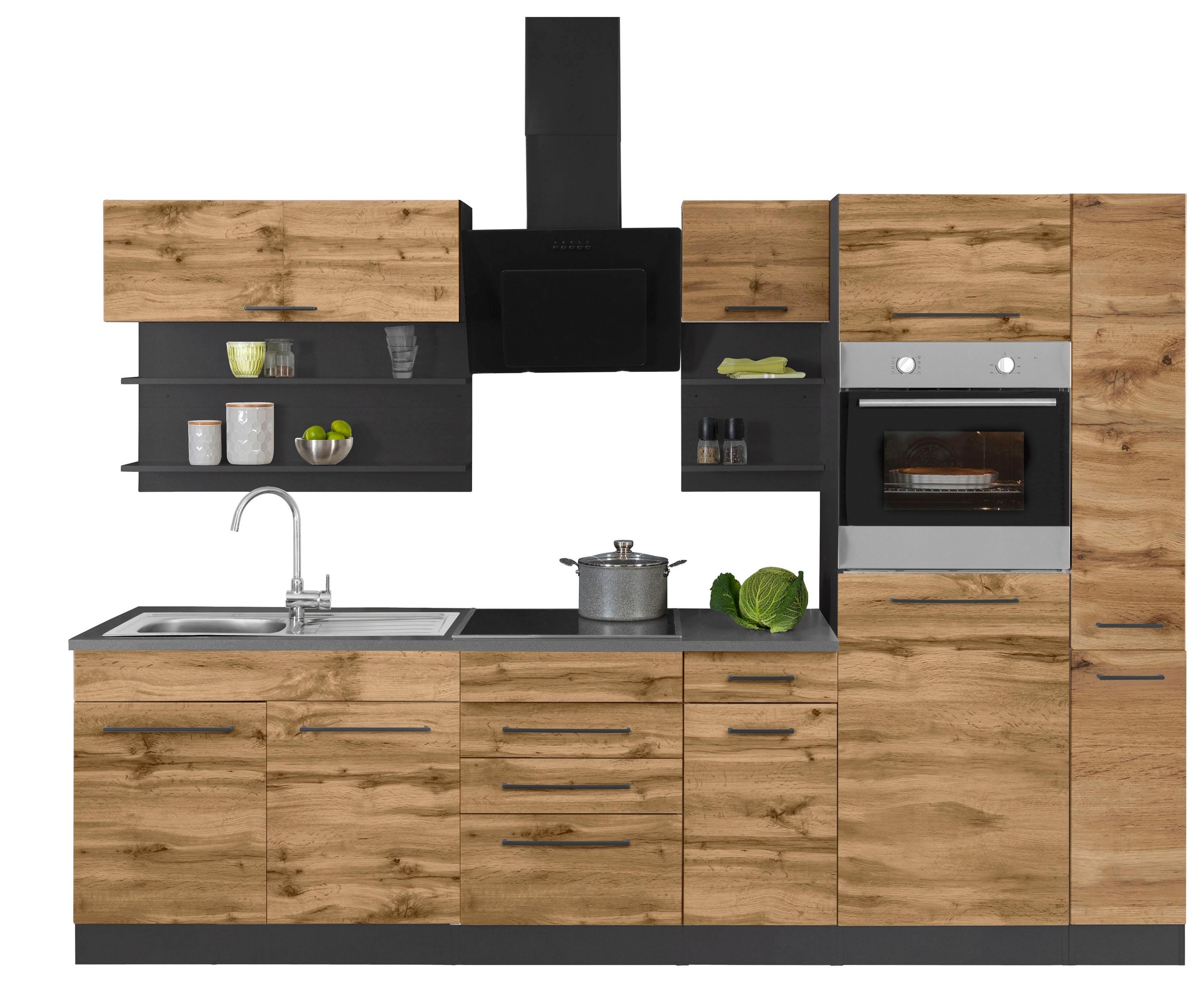 KOCHSTATION Küchenzeile »KS-Tulsa«, mit E-Geräten, Breite 300 cm, schwarze Metallgriffe, MDF Fronten