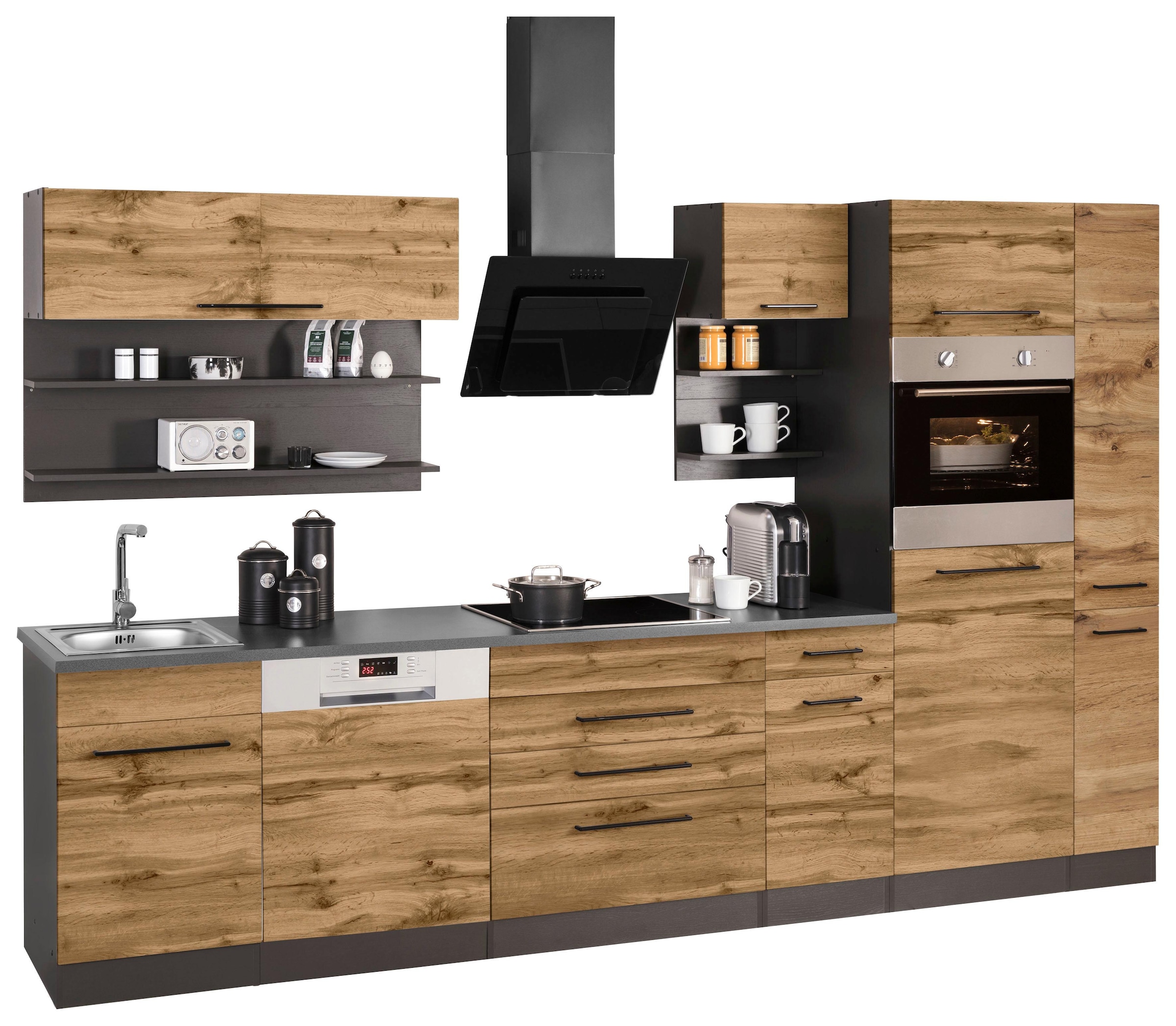 KOCHSTATION Küchenzeile "KS-Tulsa", ohne E-Geräte, Breite 320 cm, schwarze Metallgriffe, MDF Fronten