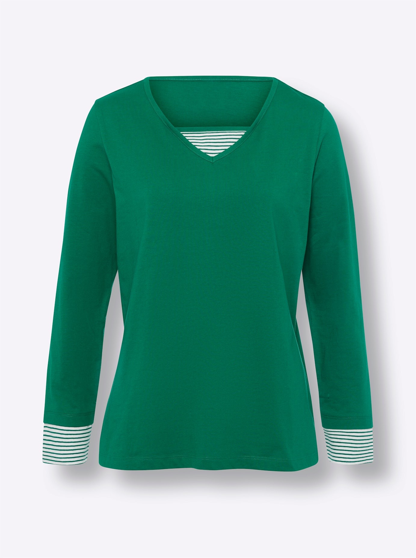 Langarmshirt CLASSIC BASICS "Shirt", Damen, Gr. 38, grün, 100% Baumwolle, gemustert, mehrfarbig, V-Ausschnitt, Shirts Langarmshirt 3