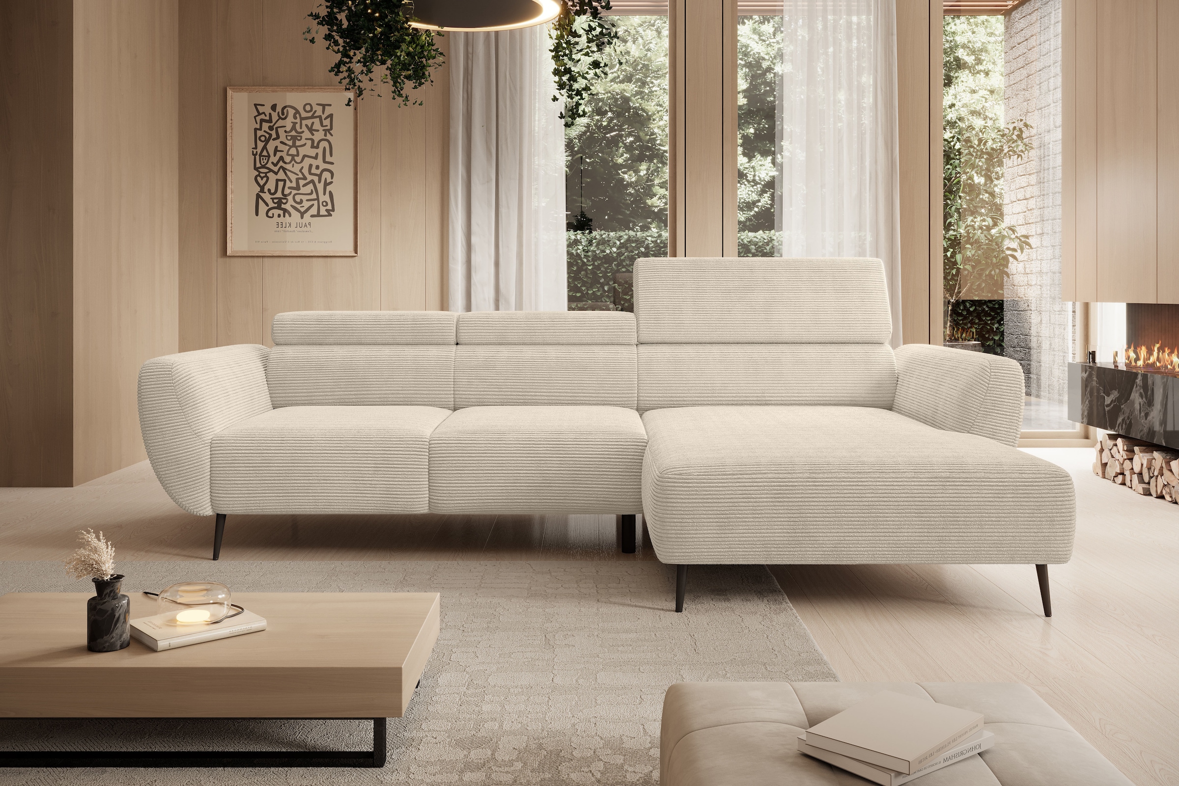 WERK2 Ecksofa "Alisson 277 x 174 cm modern und bequem" Cord, L-Form, XXL, elektrische Sitztiefenverstellung, Schlaffunktion