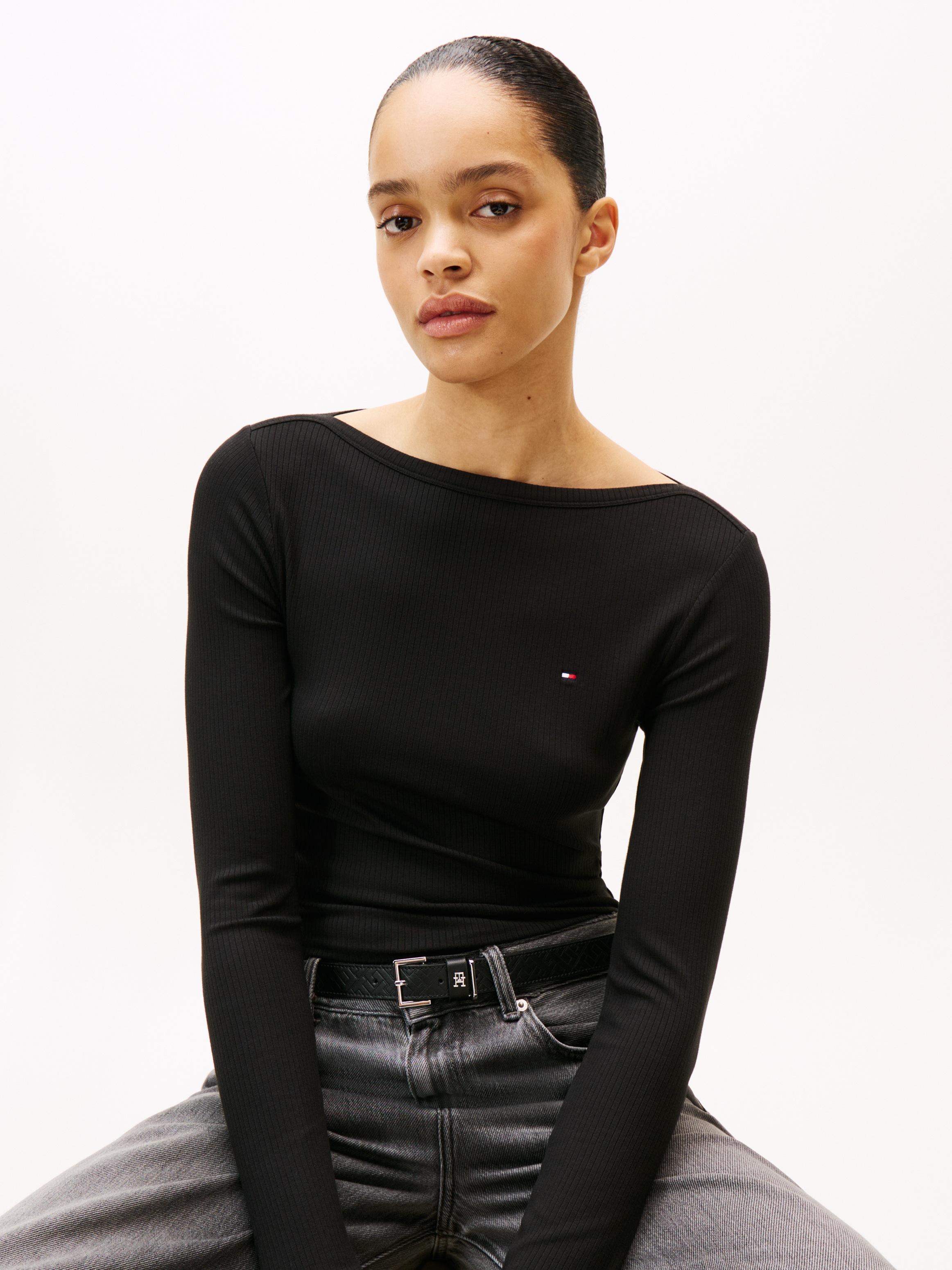 Tommy Hilfiger Langarmshirt "SLIM 5X2 RIB BOAT-NK LS mit U-Boot Ausschnitt günstig online kaufen