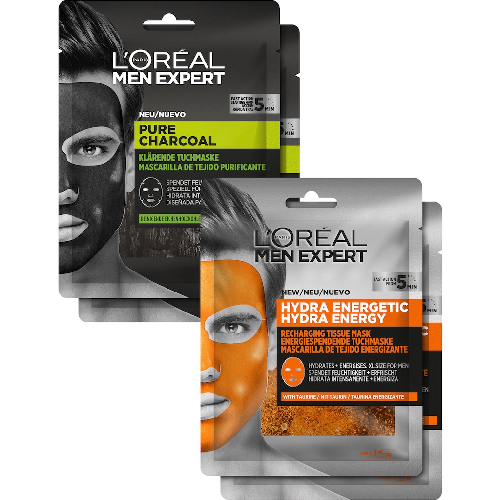 L'ORÉAL PARIS MEN EXPERT Gesichtsmasken-Set »Pure Charcoal und Hydra Energy«, (Set, 4 tlg.)