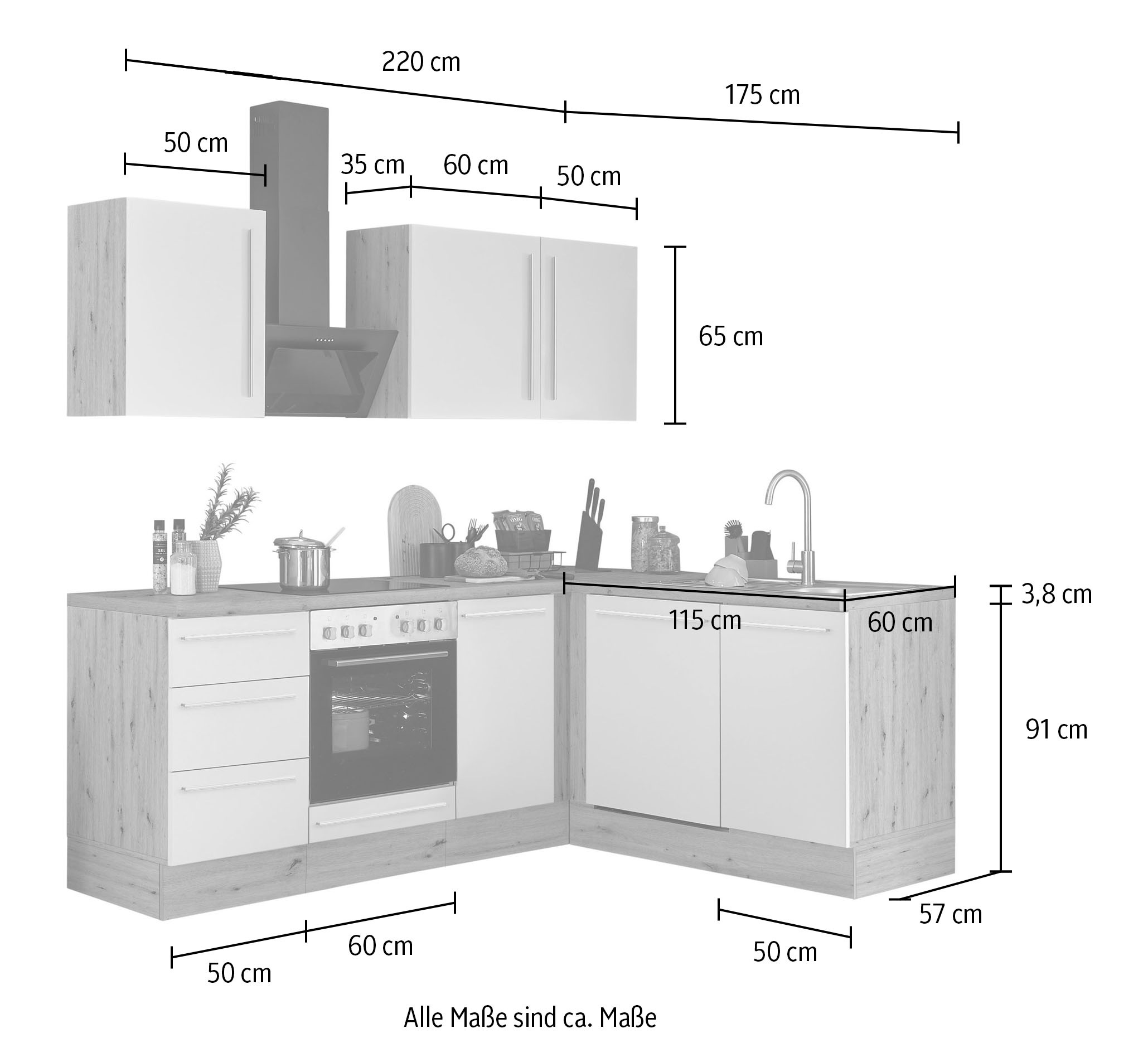 KOCHSTATION Winkelküche »Florida, Stellbreite 220x175 cm«, wahlweise mit E-Geräten, mit Softclose für Türen und Schubkästen